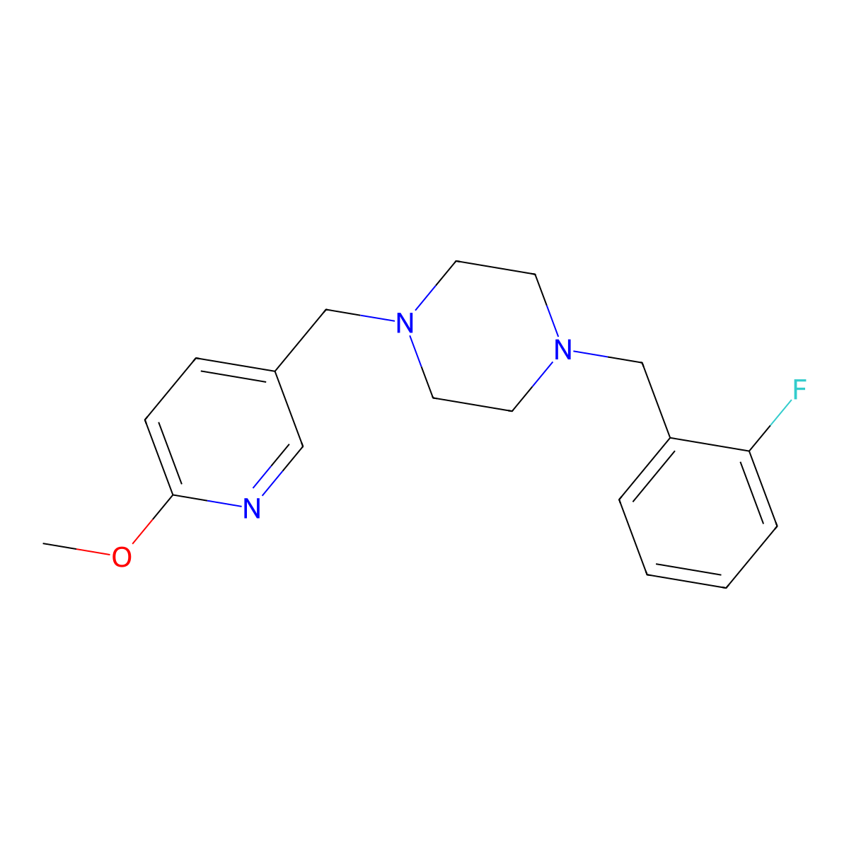 1-[(2-Fluorophenyl)methyl]-4-[(6-methoxypyridin-3-yl)methyl]piperazine molecular structure, CAS 3054427-37-8