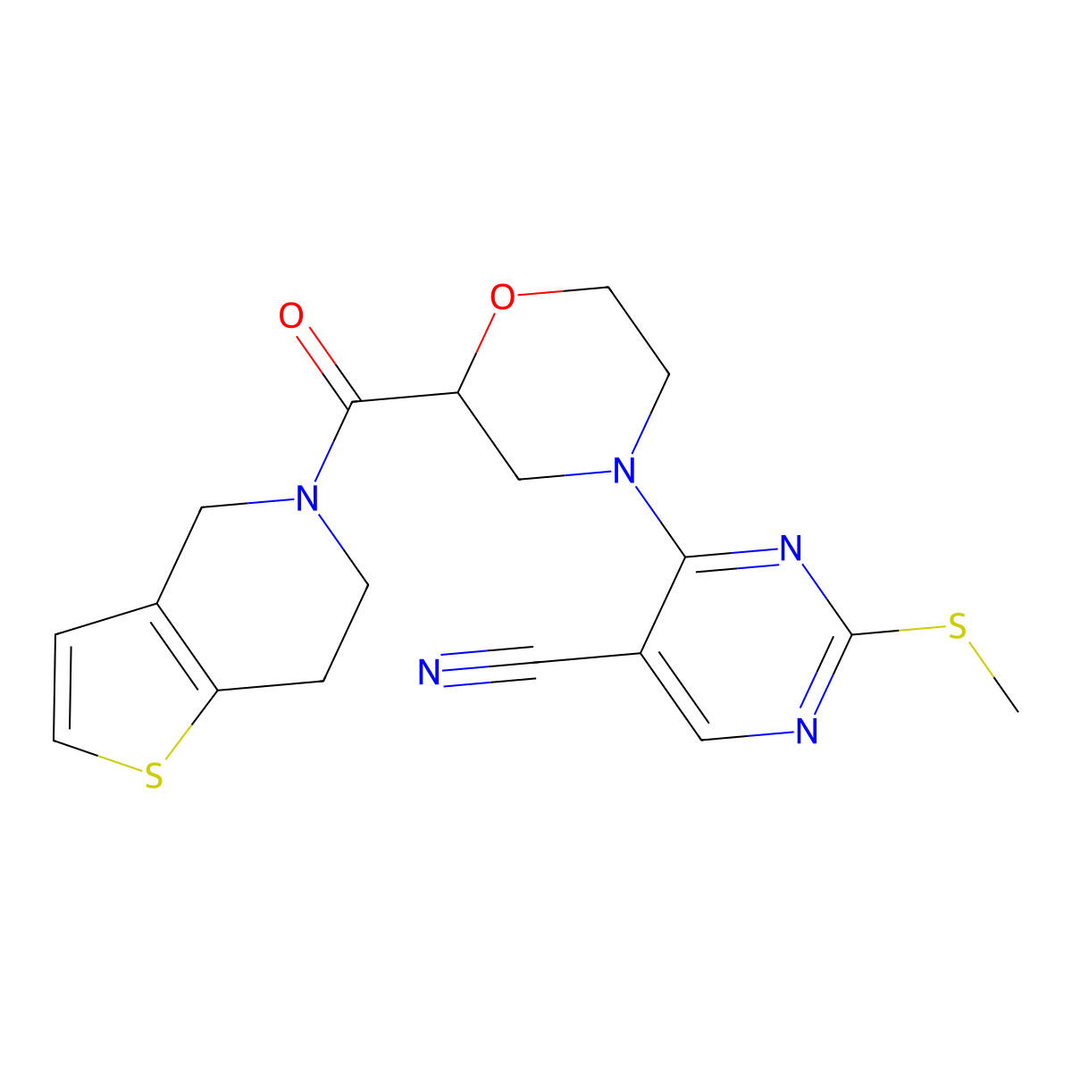 2-(methylsulfanyl)-4-(2-{4H,5H,6H,7H-thieno[3,2-c]pyridine-5-carbonyl}morpholin-4-yl)pyrimidine-5-carbonitrile molecular structure, CAS 3054427-40-3