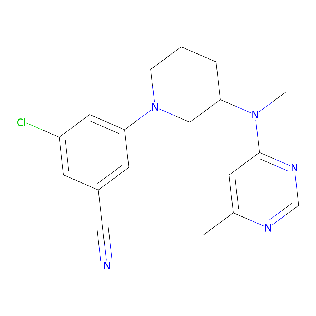 3-Chloro-5-{3-[methyl(6-methylpyrimidin-4-yl)amino]piperidin-1-yl}benzonitrile molecular structure, CAS 3054427-43-6