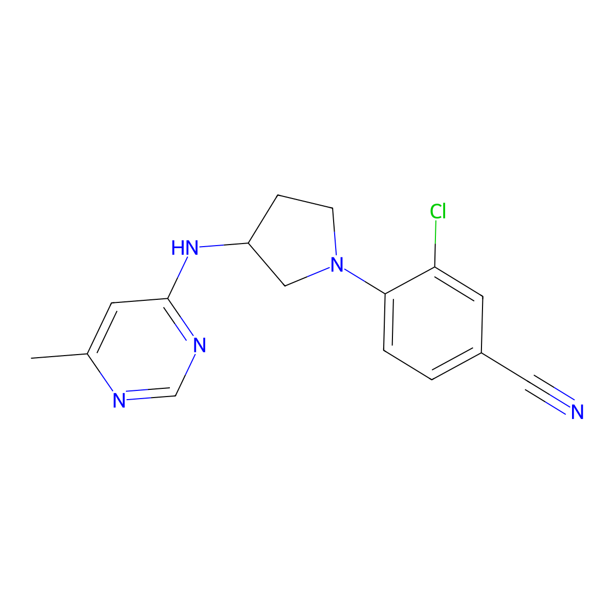 3-Chloro-4-{3-[(6-methylpyrimidin-4-yl)amino]pyrrolidin-1-yl}benzonitrile molecular structure, CAS 3054427-45-8