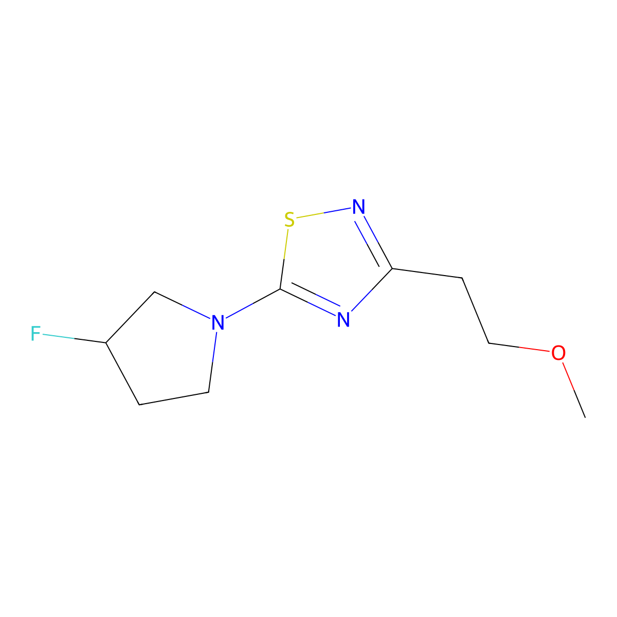 5-(3-Fluoropyrrolidin-1-yl)-3-(2-methoxyethyl)-1,2,4-thiadiazole molecular structure, CAS 3054427-47-0