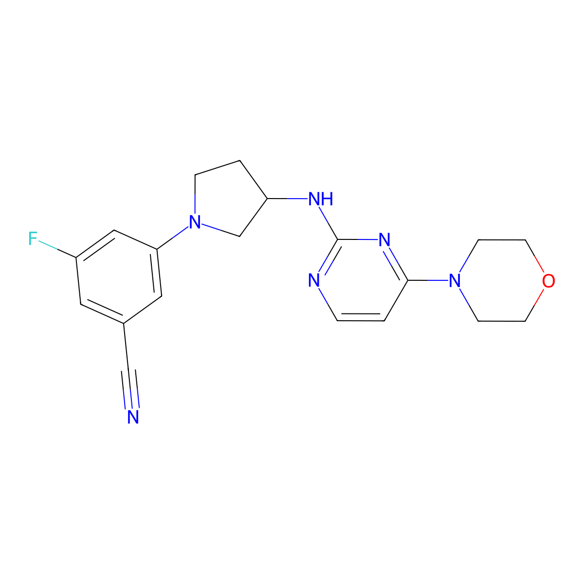3-Fluoro-5-(3-{[4-(morpholin-4-yl)pyrimidin-2-yl]amino}pyrrolidin-1-yl)benzonitrile molecular structure, CAS 3054427-49-2