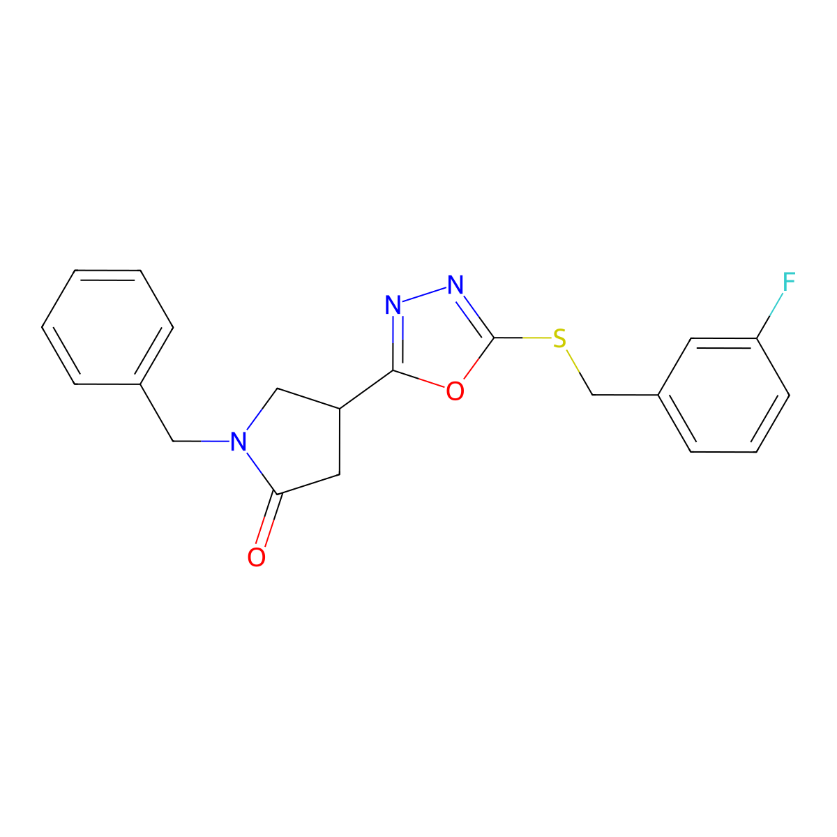 1-Benzyl-4-(5-{[(3-fluorophenyl)methyl]sulfanyl}-1,3,4-oxadiazol-2-yl)pyrrolidin-2-one molecular structure, CAS 3054427-52-7