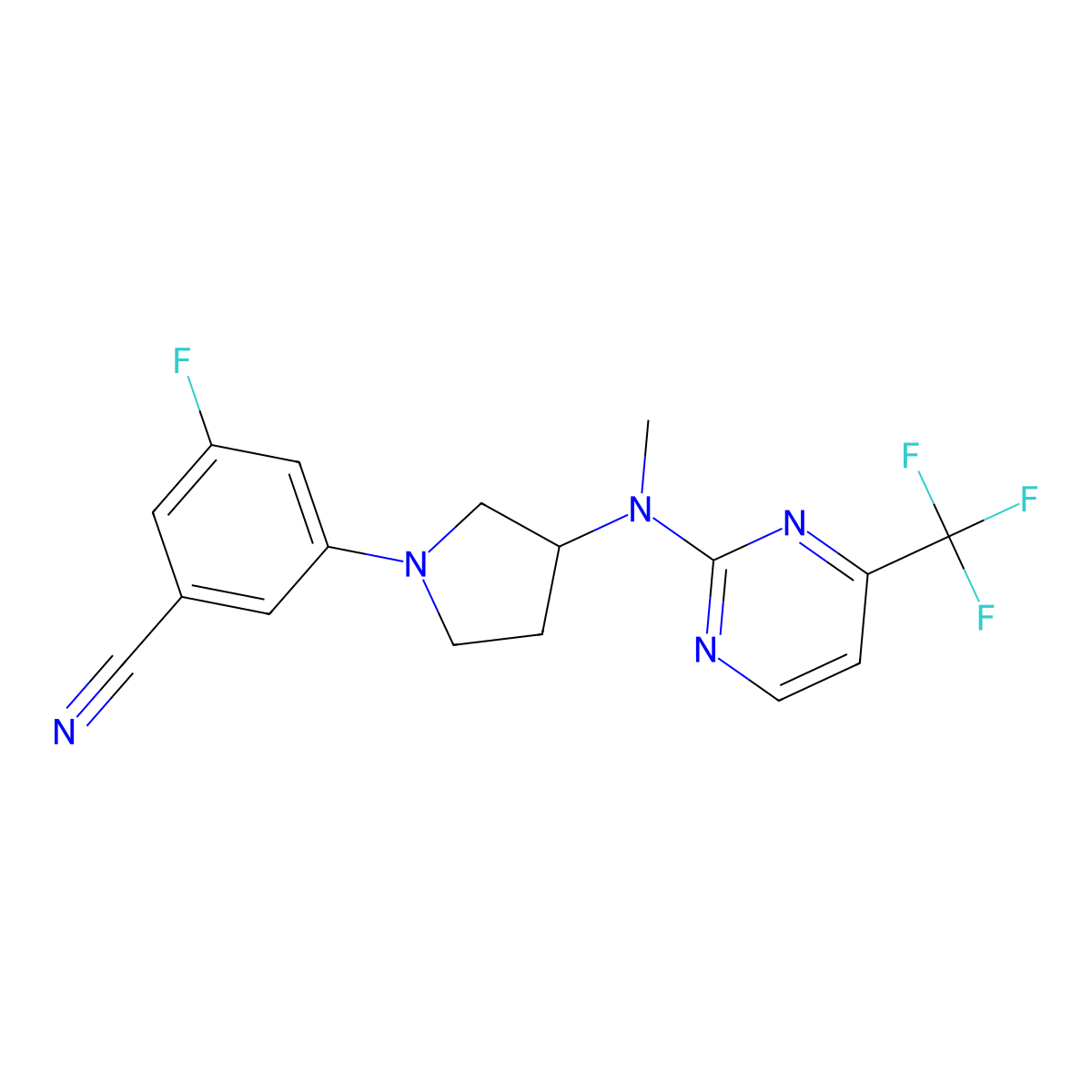 3-Fluoro-5-(3-{methyl[4-(trifluoromethyl)pyrimidin-2-yl]amino}pyrrolidin-1-yl)benzonitrile molecular structure, CAS 3054427-53-8