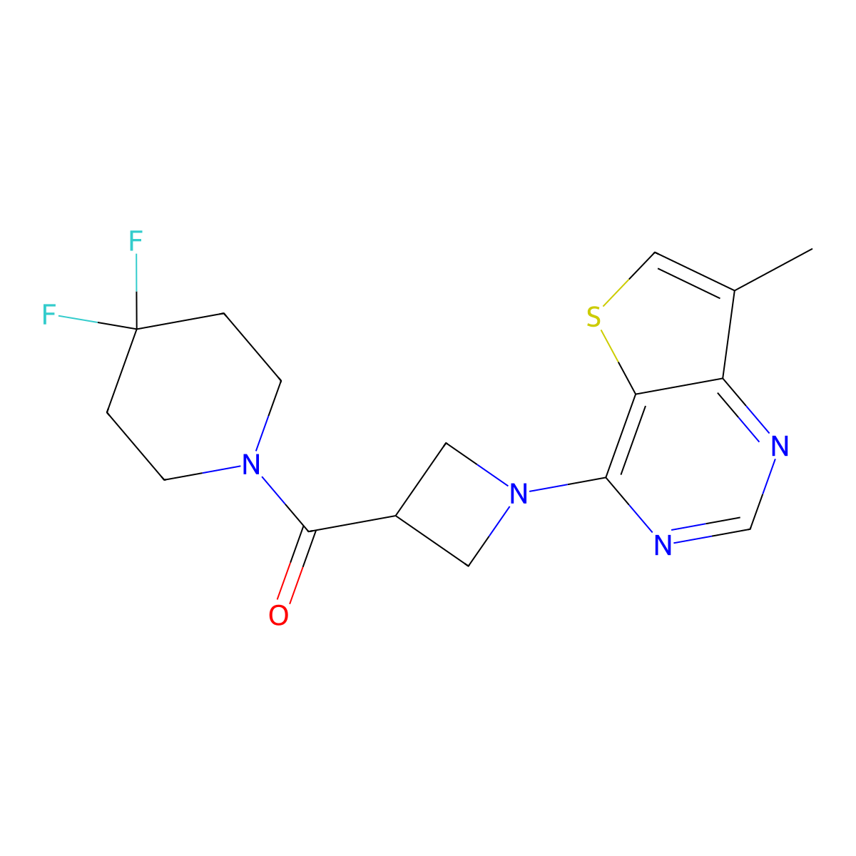 4,4-Difluoro-1-(1-{7-methylthieno[3,2-d]pyrimidin-4-yl}azetidine-3-carbonyl)piperidine molecular structure, CAS 3054427-60-7