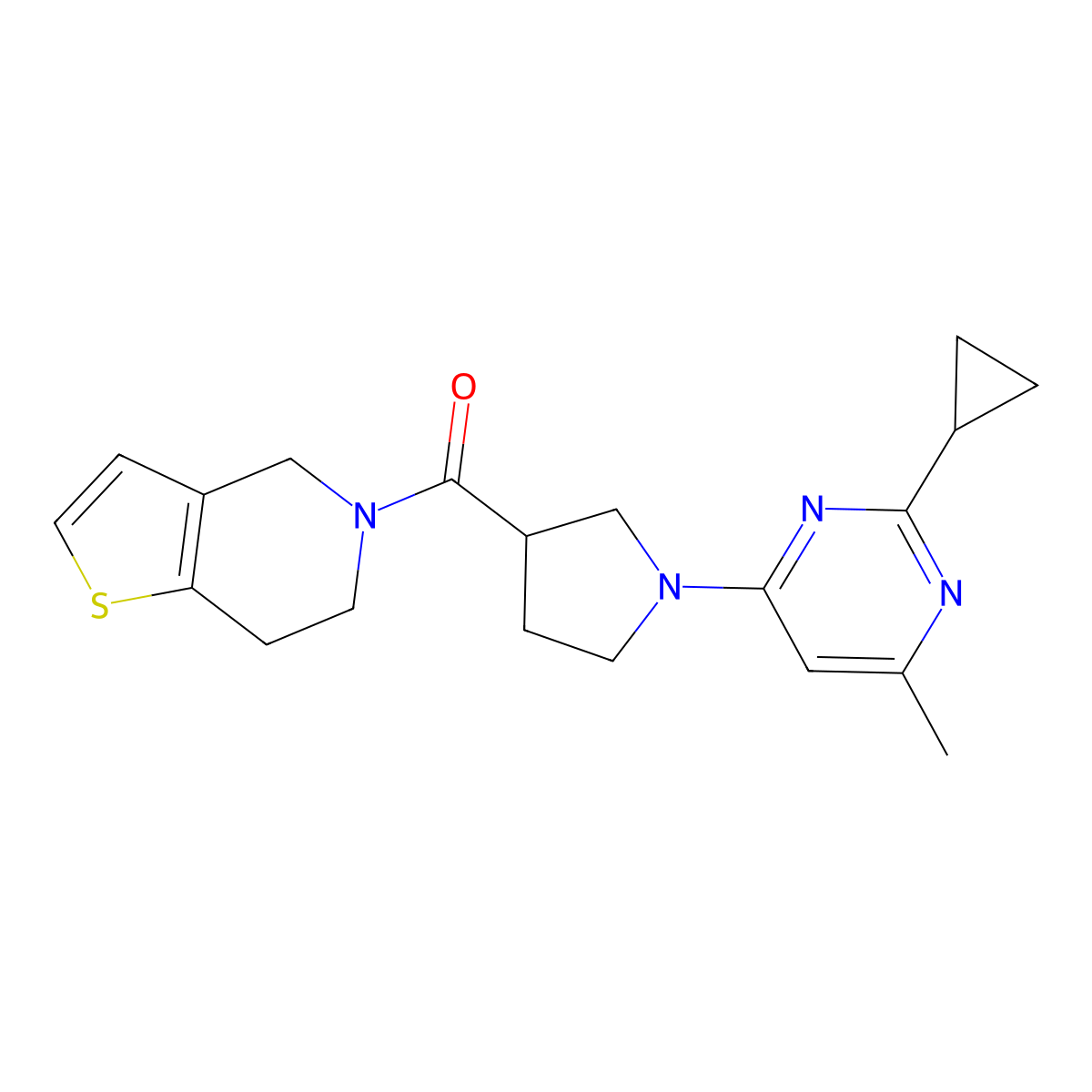 2-cyclopropyl-4-methyl-6-(3-{4H,5H,6H,7H-thieno[3,2-c]pyridine-5-carbonyl}pyrrolidin-1-yl)pyrimidine molecular structure, CAS 3054427-64-1