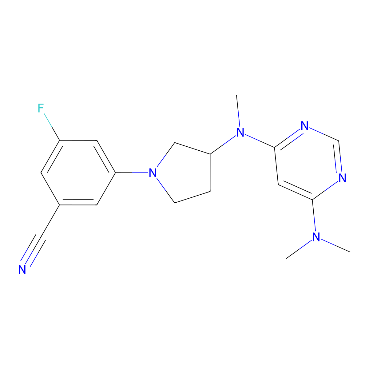 3-(3-{[6-(Dimethylamino)pyrimidin-4-yl](methyl)amino}pyrrolidin-1-yl)-5-fluorobenzonitrile molecular structure, CAS 3054427-65-2