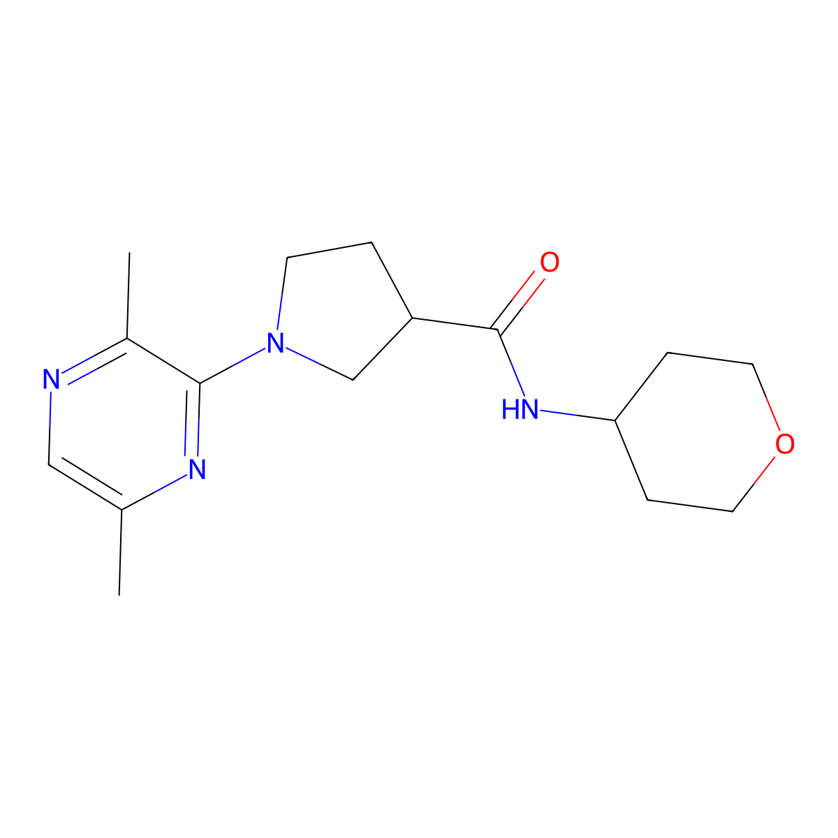 1-(3,6-dimethylpyrazin-2-yl)-N-(oxan-4-yl)pyrrolidine-3-carboxamide molecular structure, CAS 3054427-71-0