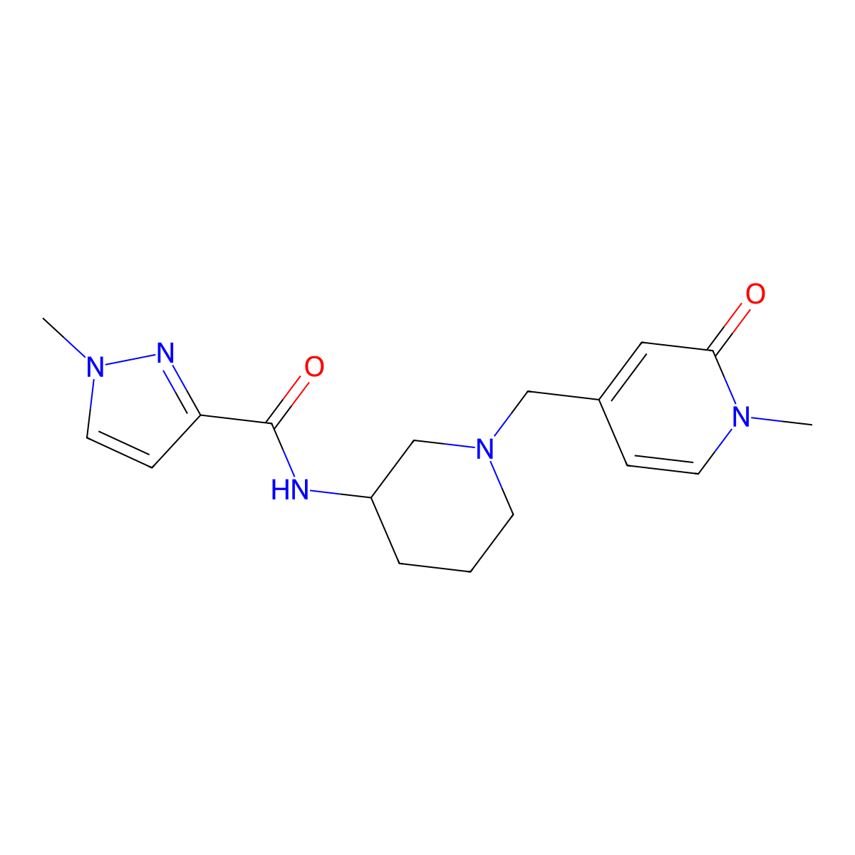 1-methyl-N-{1-[(1-methyl-2-oxo-1,2-dihydropyridin-4-yl)methyl]piperidin-3-yl}-1H-pyrazole-3-carboxamide molecular structure, CAS 3054427-78-7