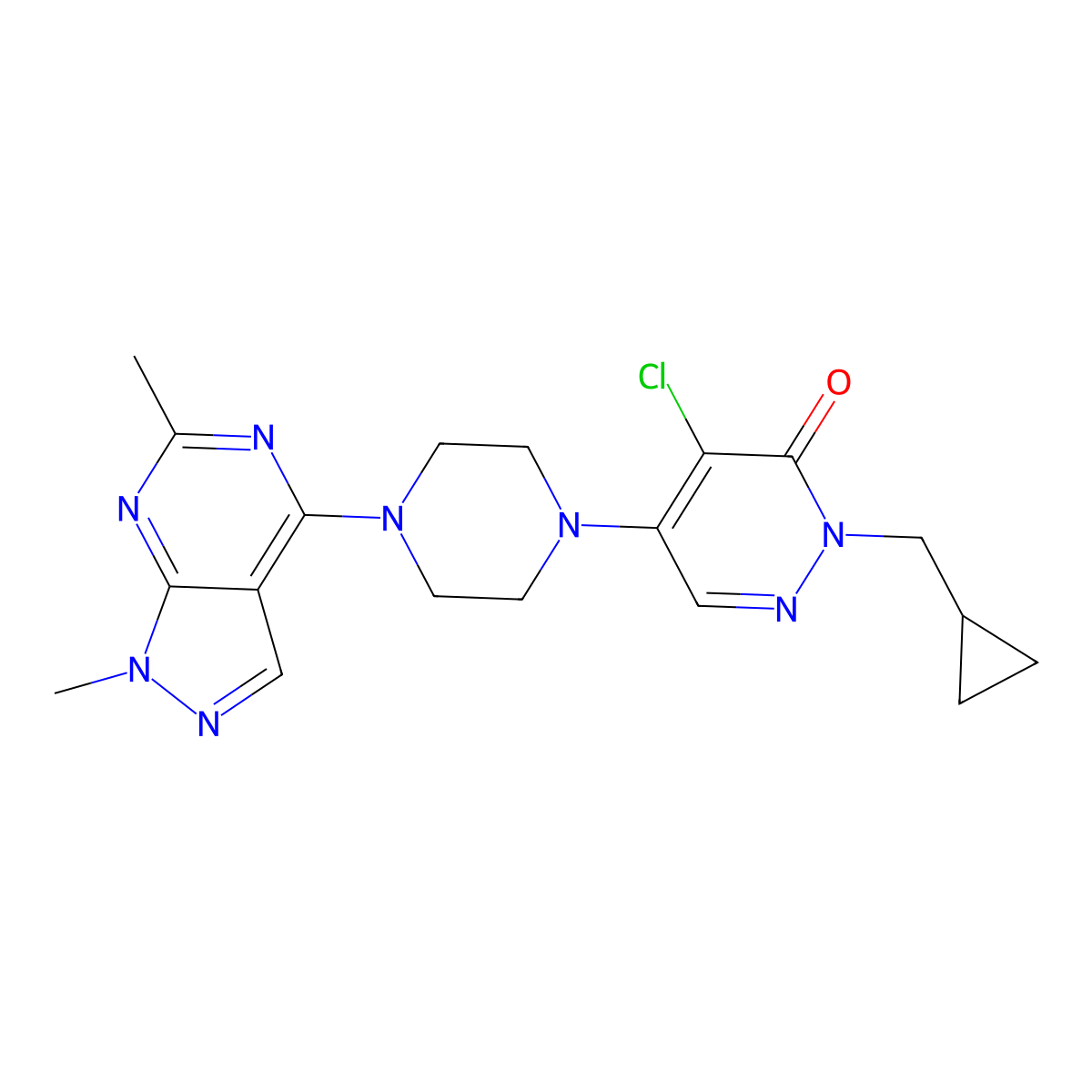 4-chloro-2-(cyclopropylmethyl)-5-(4-{1,6-dimethyl-1H-pyrazolo[3,4-d]pyrimidin-4-yl}piperazin-1-yl)-2,3-dihydropyridazin-3-one molecular structure, CAS 3054427-81-2