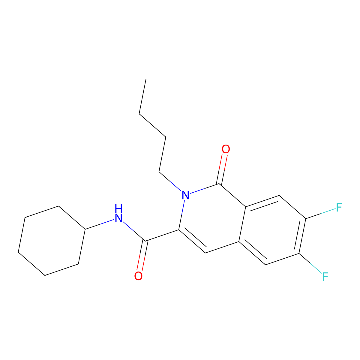 2-butyl-N-cyclohexyl-6,7-difluoro-1-oxo-1,2-dihydroisoquinoline-3-carboxamide molecular structure, CAS 3054427-84-5