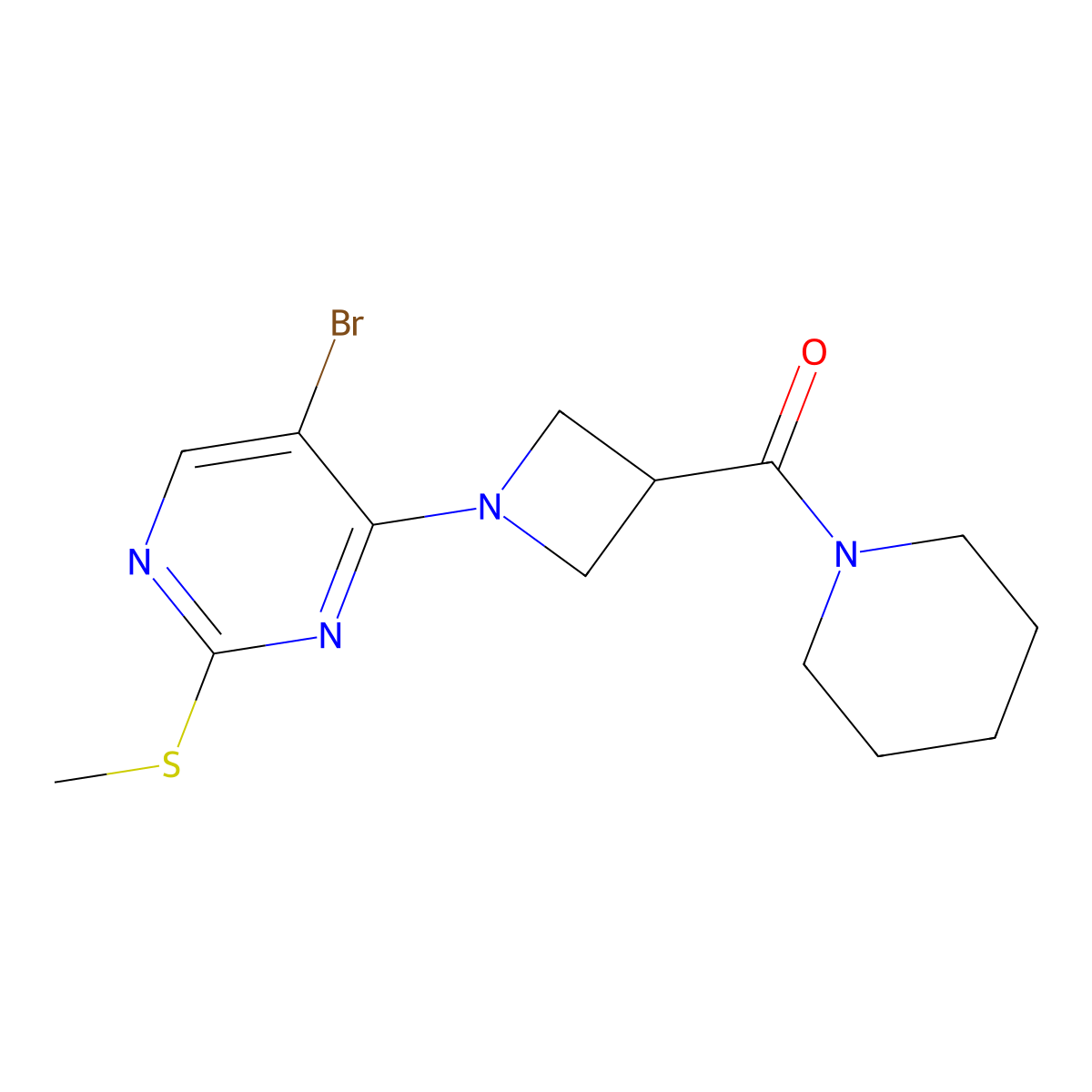 5-Bromo-2-(methylsulfanyl)-4-[3-(piperidine-1-carbonyl)azetidin-1-yl]pyrimidine molecular structure, CAS 3054427-85-6