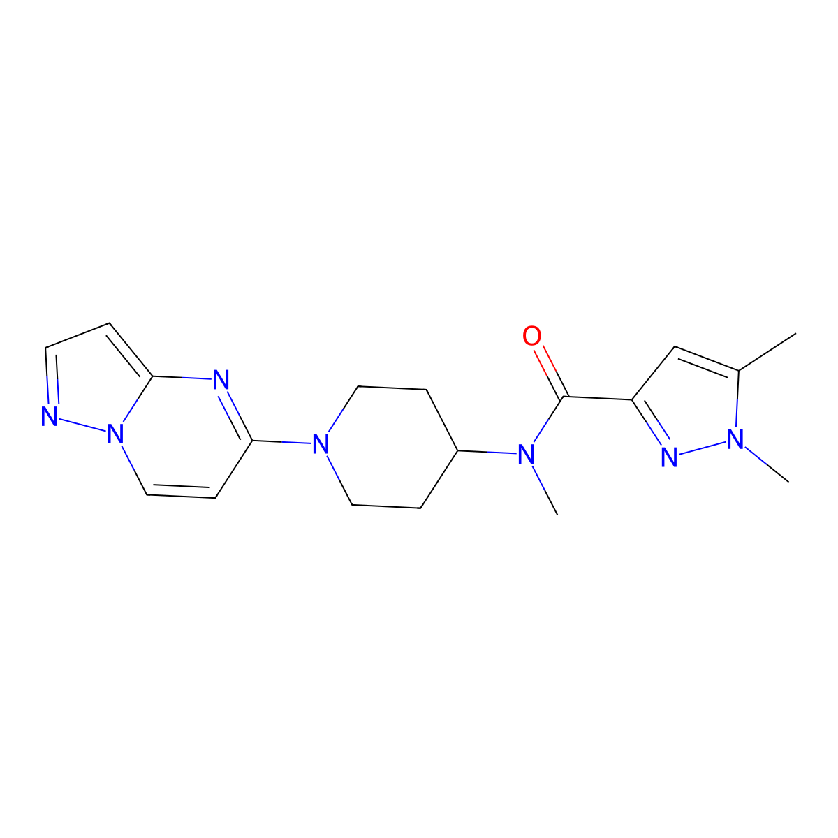 N,1,5-trimethyl-N-(1-{pyrazolo[1,5-a]pyrimidin-5-yl}piperidin-4-yl)-1H-pyrazole-3-carboxamide molecular structure, CAS 3054428-02-0