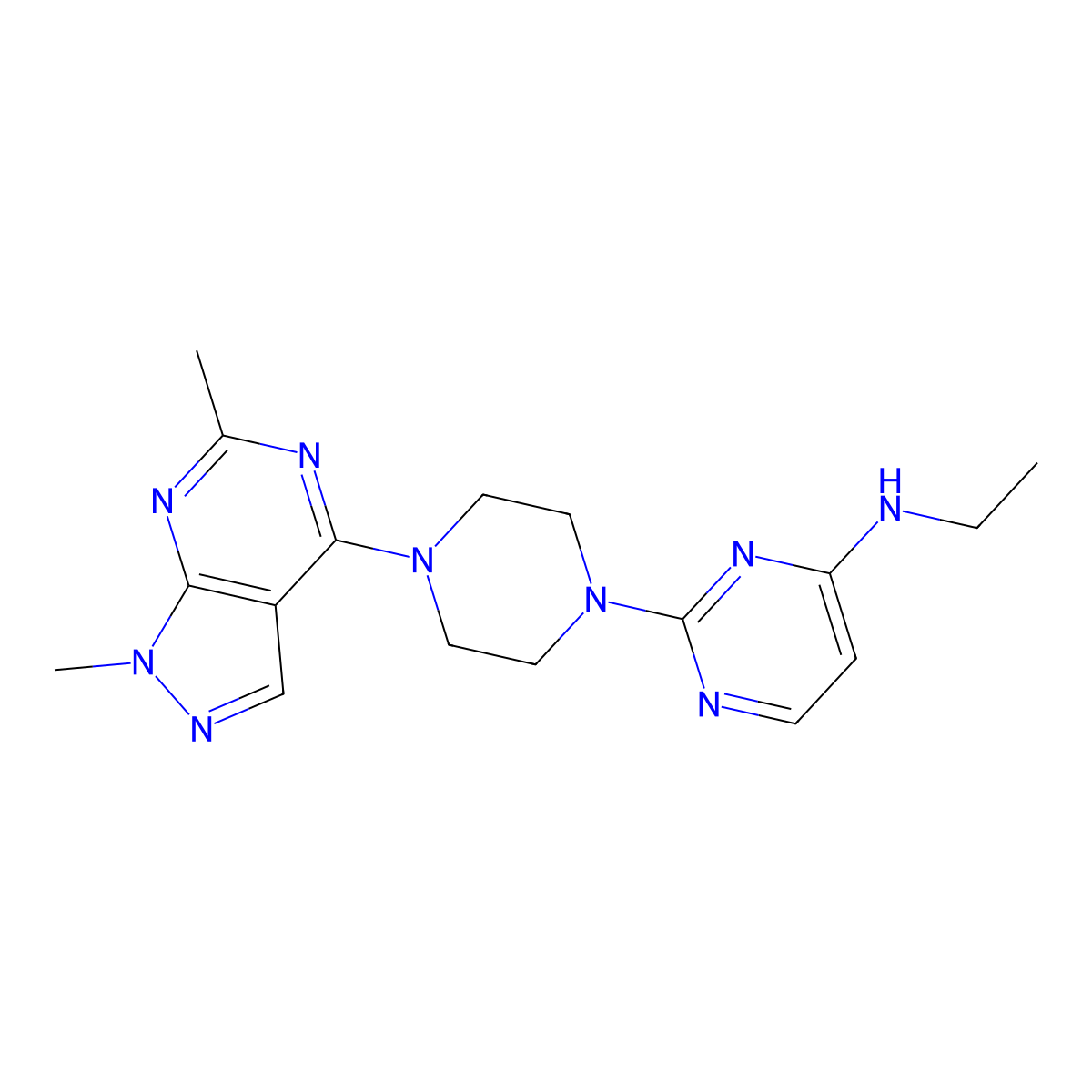 2-(4-{1,6-dimethyl-1H-pyrazolo[3,4-d]pyrimidin-4-yl}piperazin-1-yl)-N-ethylpyrimidin-4-amine molecular structure, CAS 3054428-08-6