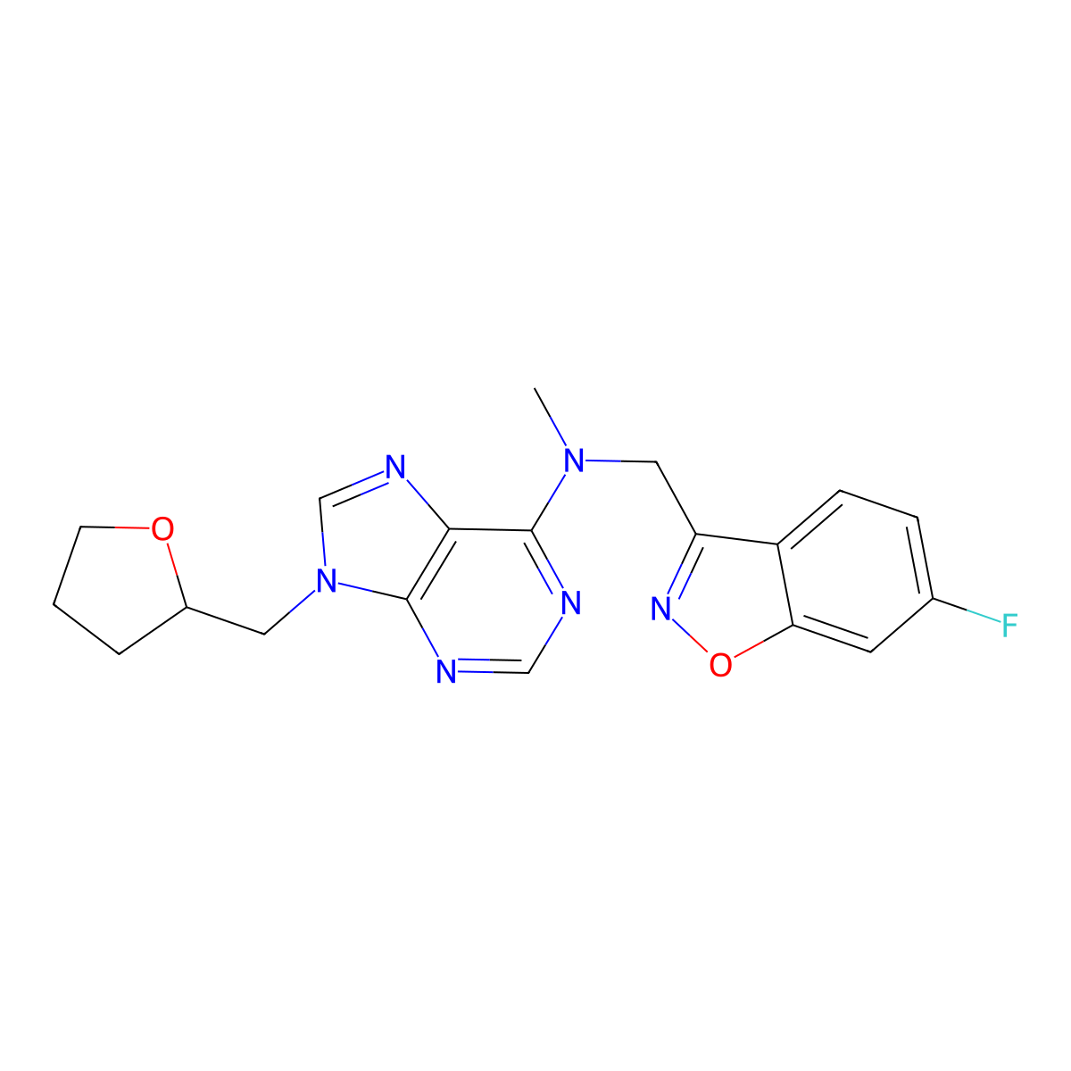 N-[(6-fluoro-1,2-benzoxazol-3-yl)methyl]-N-methyl-9-(oxolan-2-ylmethyl)purin-6-amine molecular structure, CAS 3054428-13-3