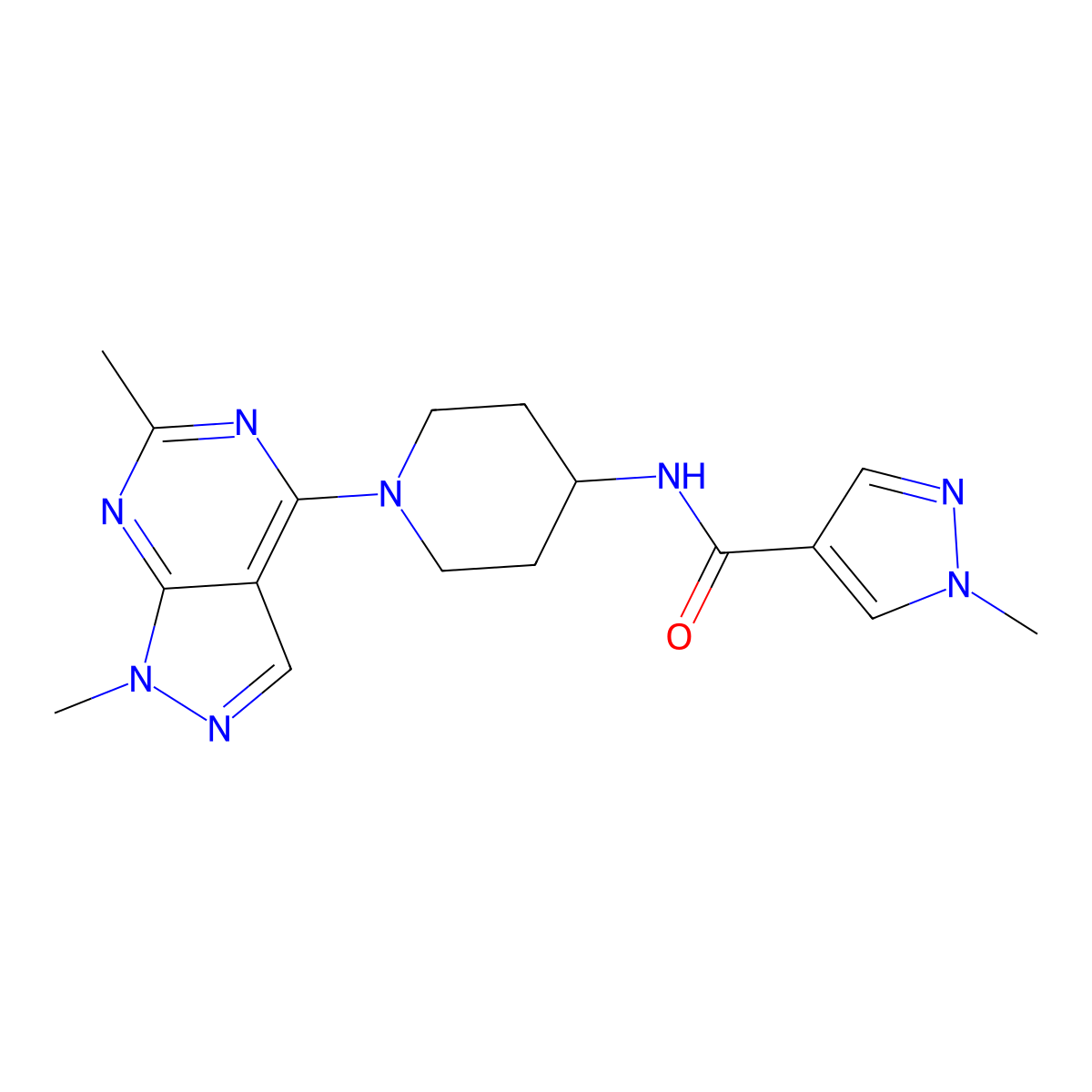 N-(1-{1,6-dimethyl-1H-pyrazolo[3,4-d]pyrimidin-4-yl}piperidin-4-yl)-1-methyl-1H-pyrazole-4-carboxamide molecular structure, CAS 3054428-15-5