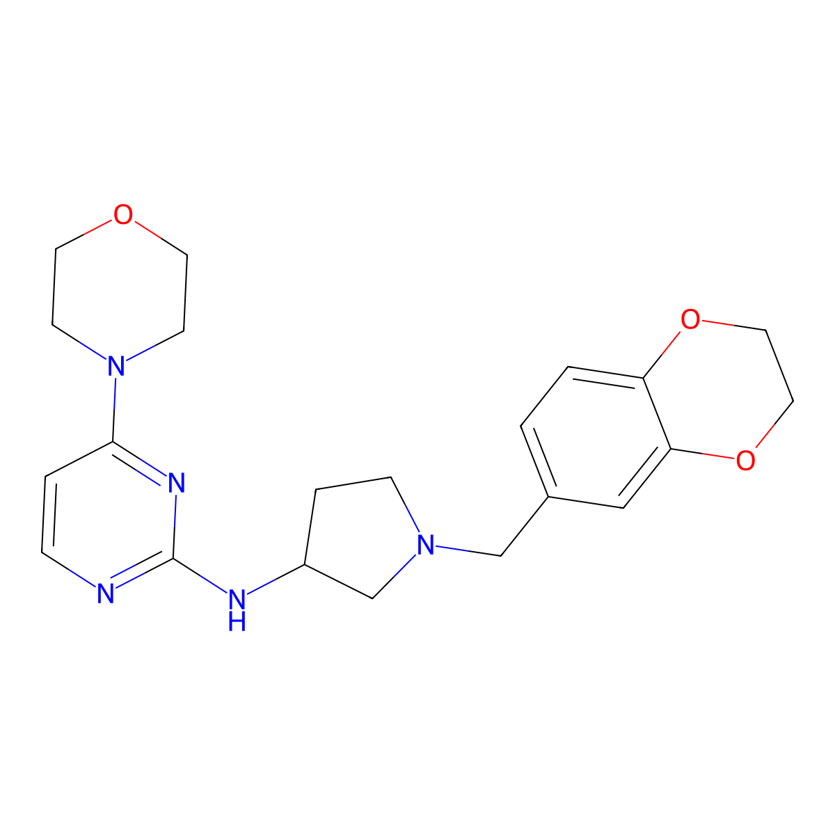 N-{1-[(2,3-dihydro-1,4-benzodioxin-6-yl)methyl]pyrrolidin-3-yl}-4-(morpholin-4-yl)pyrimidin-2-amine molecular structure, CAS 3054428-20-2