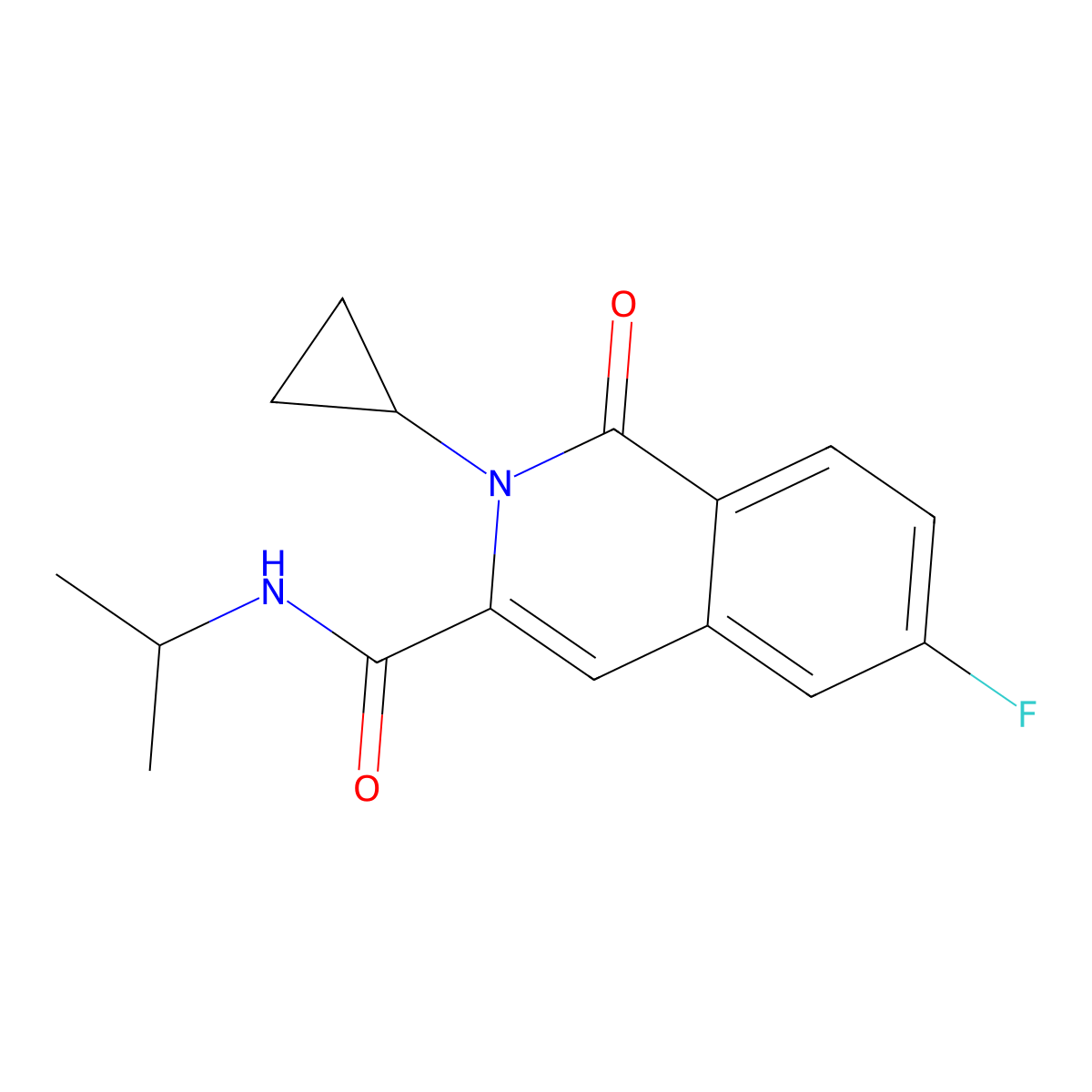 2-cyclopropyl-6-fluoro-1-oxo-N-(propan-2-yl)-1,2-dihydroisoquinoline-3-carboxamide molecular structure, CAS 3054428-23-5