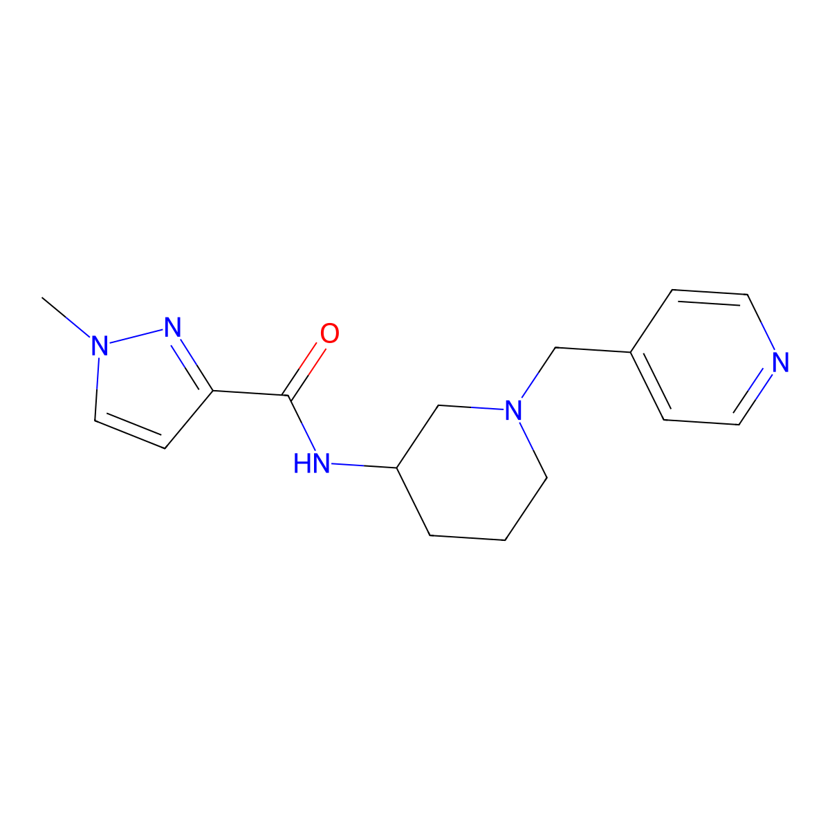 1-methyl-N-{1-[(pyridin-4-yl)methyl]piperidin-3-yl}-1H-pyrazole-3-carboxamide molecular structure, CAS 3054428-35-9