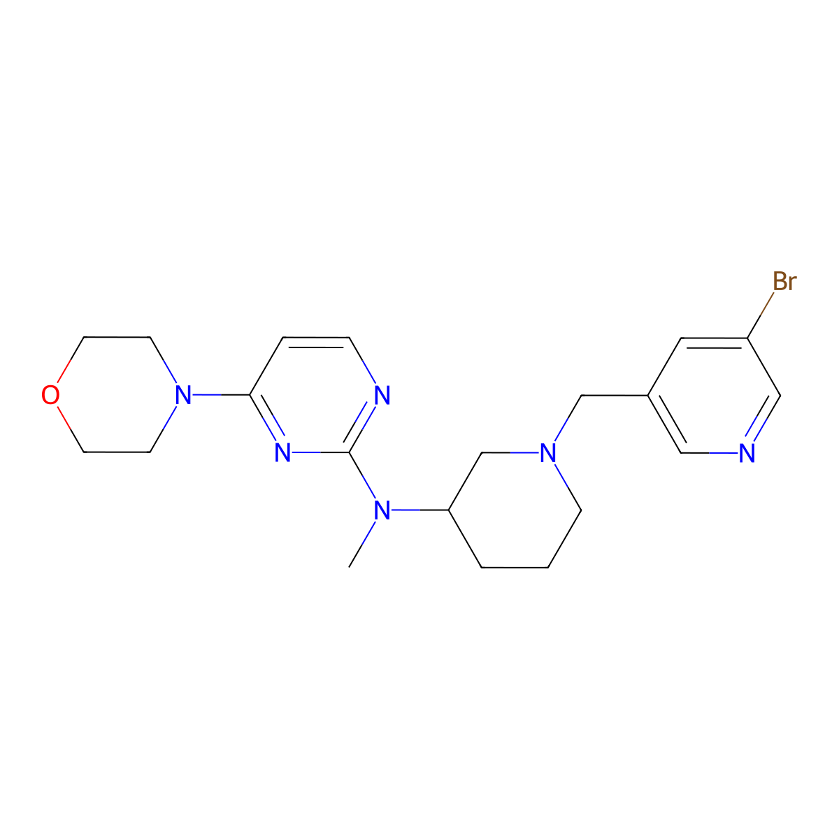 N-{1-[(5-bromopyridin-3-yl)methyl]piperidin-3-yl}-N-methyl-4-(morpholin-4-yl)pyrimidin-2-amine molecular structure, CAS 3054428-40-6
