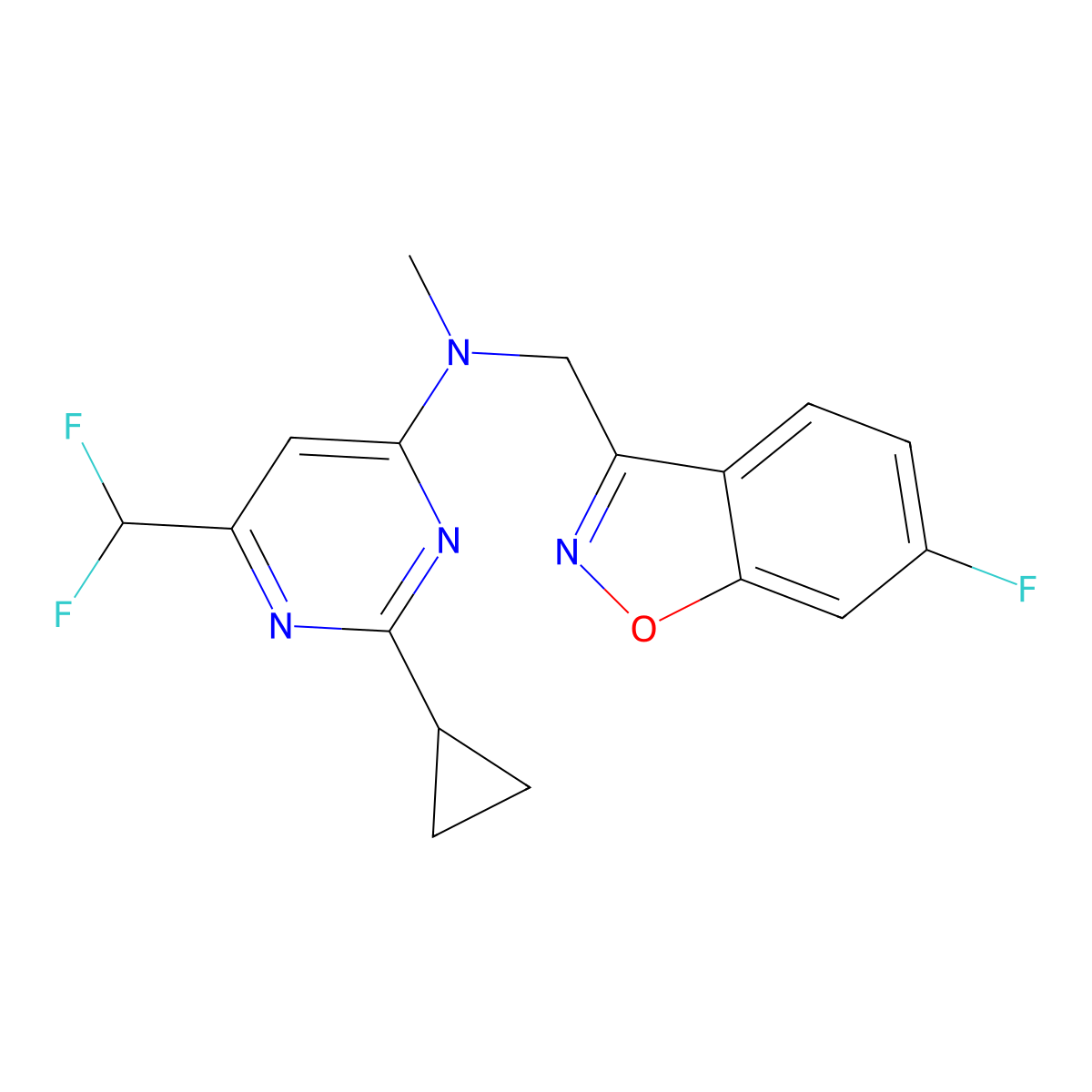 2-cyclopropyl-6-(difluoromethyl)-N-[(6-fluoro-1,2-benzoxazol-3-yl)methyl]-N-methylpyrimidin-4-amine molecular structure, CAS 3054428-43-9