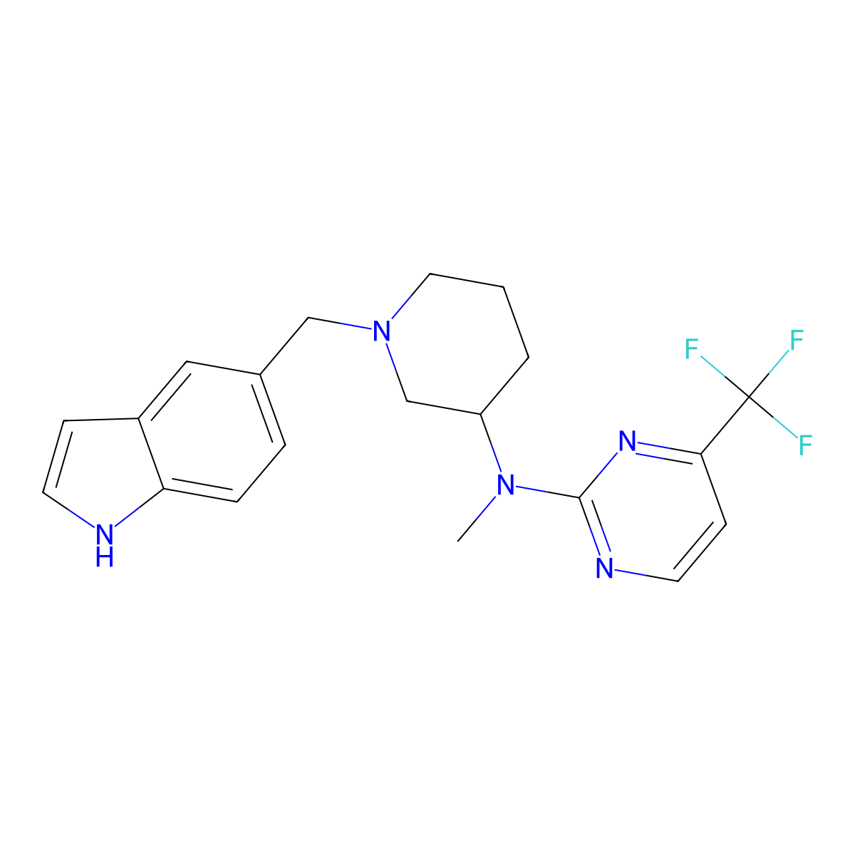 N-{1-[(1H-indol-5-yl)methyl]piperidin-3-yl}-N-methyl-4-(trifluoromethyl)pyrimidin-2-amine molecular structure, CAS 3054428-49-5