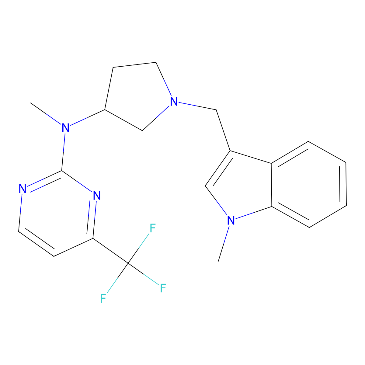 N-methyl-N-{1-[(1-methyl-1H-indol-3-yl)methyl]pyrrolidin-3-yl}-4-(trifluoromethyl)pyrimidin-2-amine molecular structure, CAS 3054428-79-1