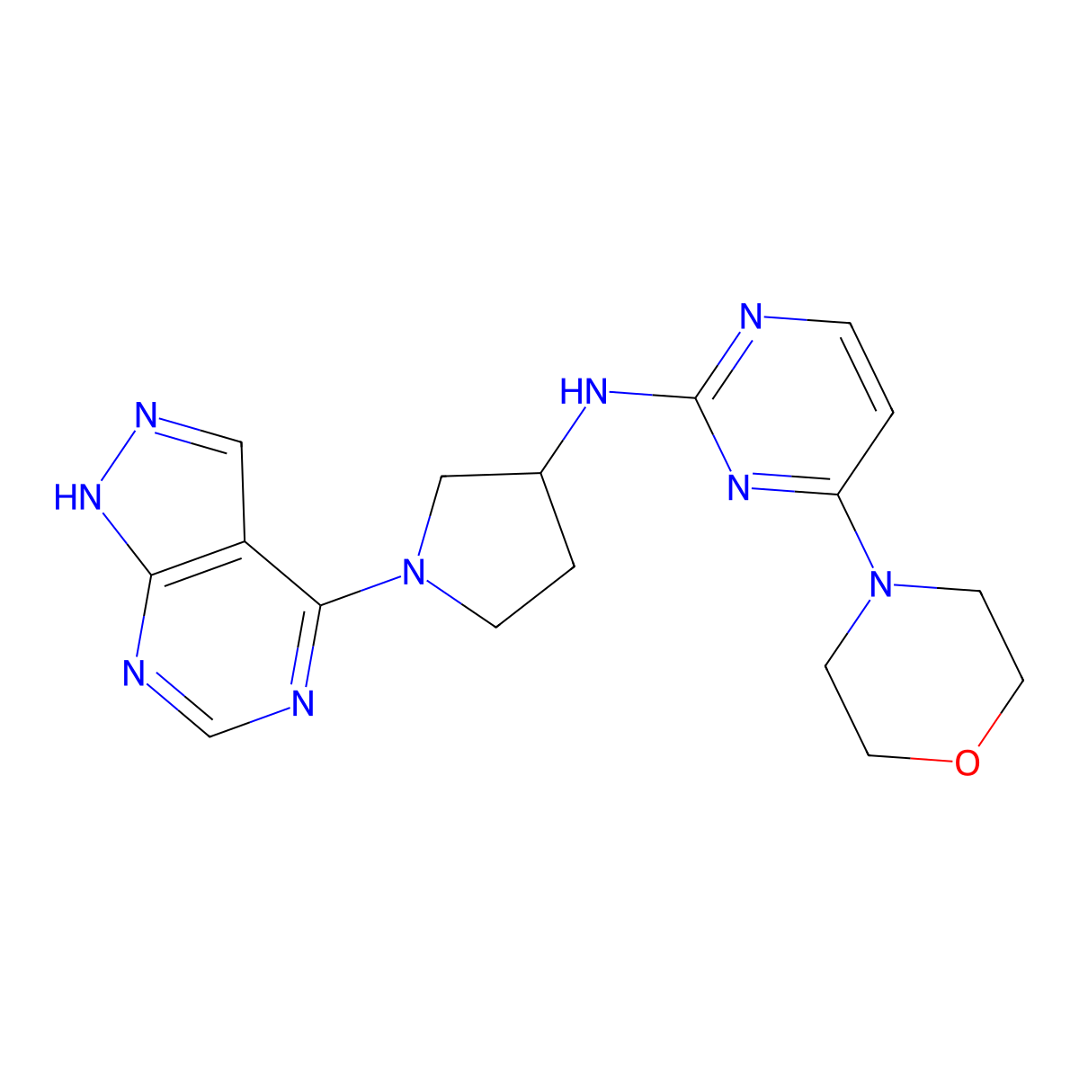 4-(morpholin-4-yl)-N-(1-{1H-pyrazolo[3,4-d]pyrimidin-4-yl}pyrrolidin-3-yl)pyrimidin-2-amine molecular structure, CAS 3054428-81-5