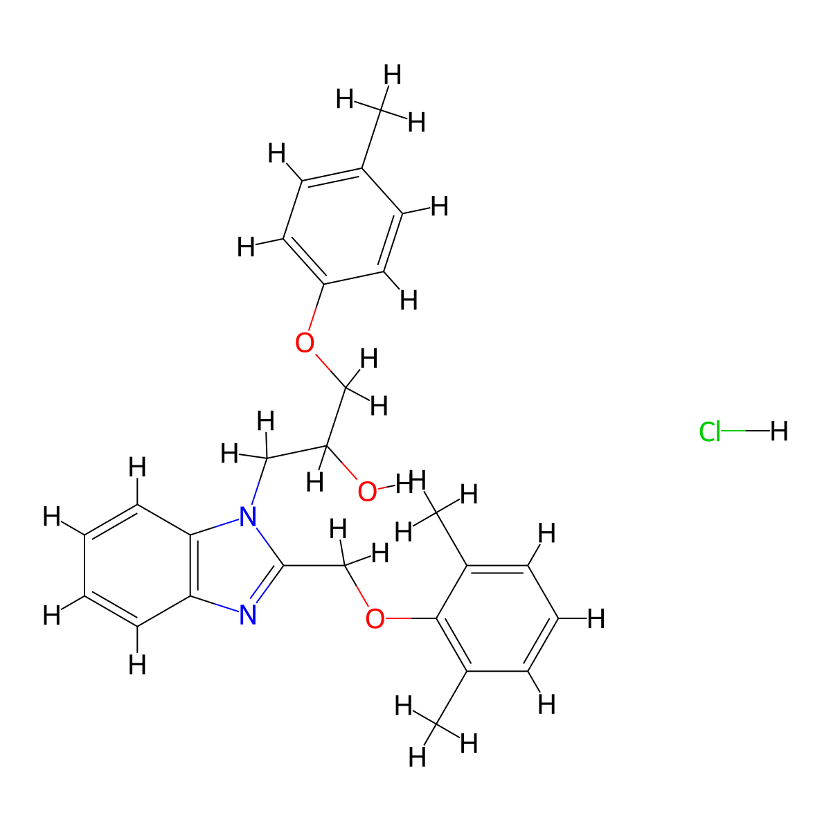 1-{2-[(2,6-dimethylphenoxy)methyl]-1H-1,3-benzodiazol-1-yl}-3-(4-methylphenoxy)propan-2-ol hydrochloride molecular structure, CAS 3054428-97-3