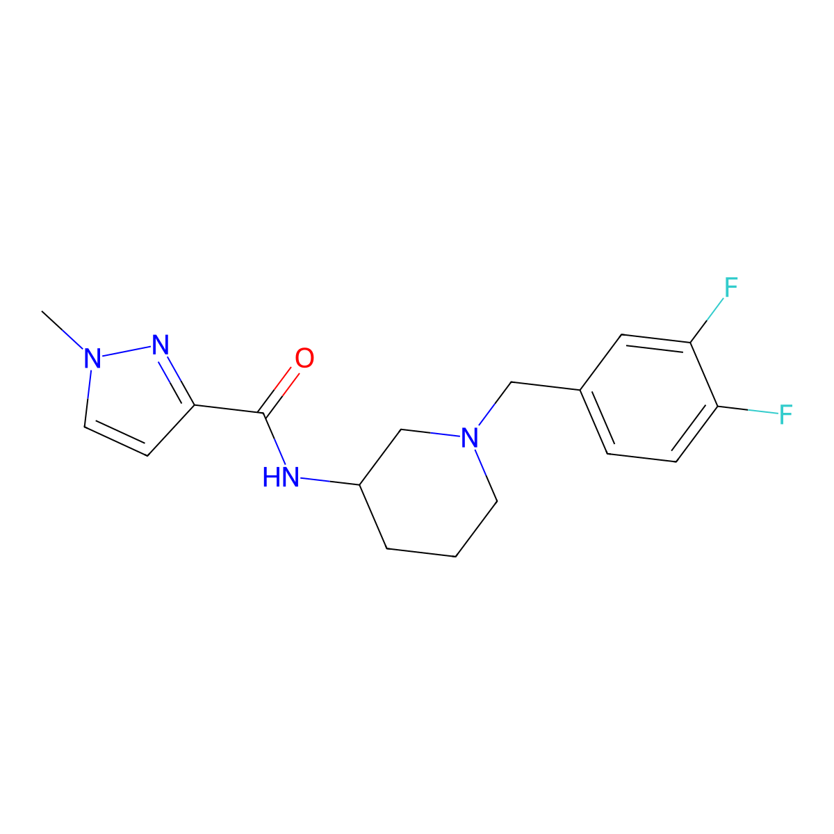 N-{1-[(3,4-difluorophenyl)methyl]piperidin-3-yl}-1-methyl-1H-pyrazole-3-carboxamide molecular structure, CAS 3054428-98-4