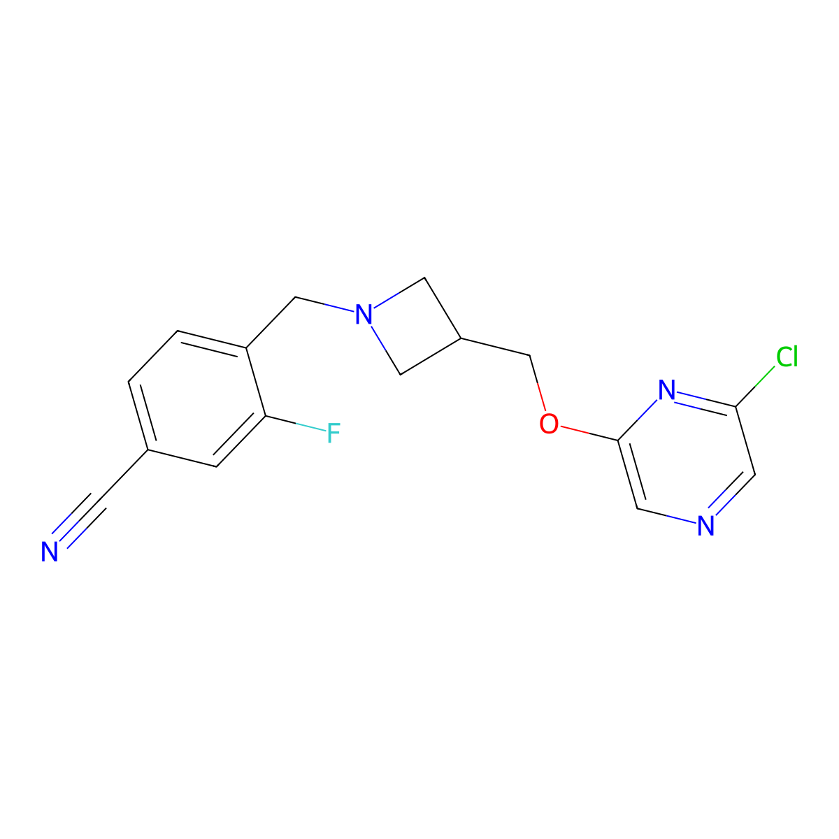 4-[(3-{[(6-Chloropyrazin-2-yl)oxy]methyl}azetidin-1-yl)methyl]-3-fluorobenzonitrile molecular structure, CAS 3054428-99-5