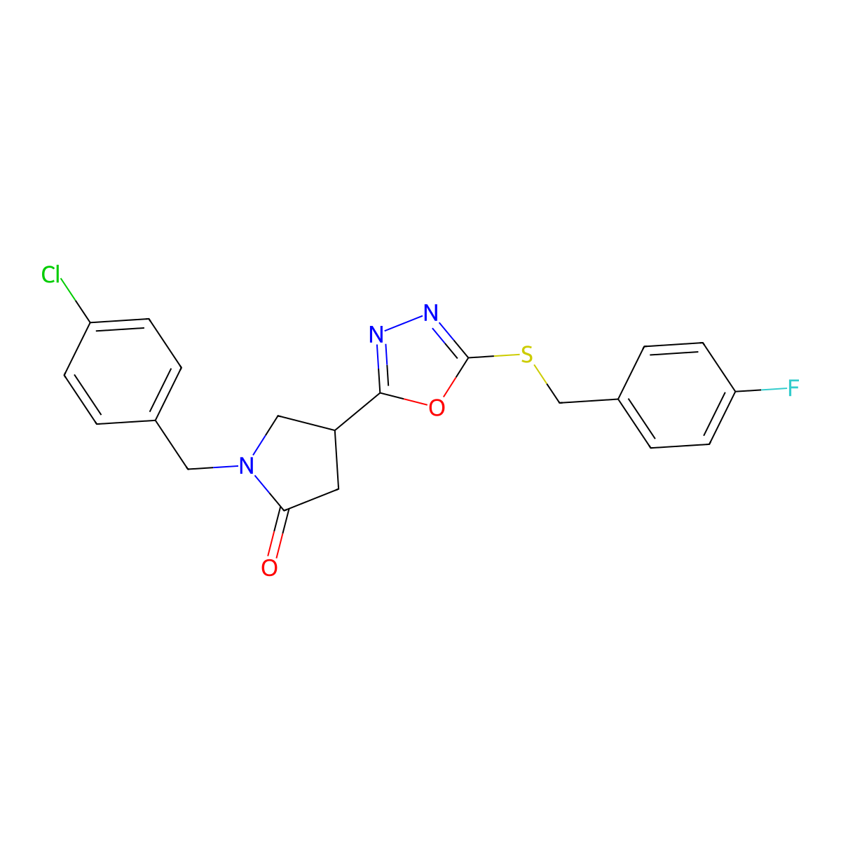 1-[(4-Chlorophenyl)methyl]-4-(5-{[(4-fluorophenyl)methyl]sulfanyl}-1,3,4-oxadiazol-2-yl)pyrrolidin-2-one molecular structure, CAS 3054429-11-4