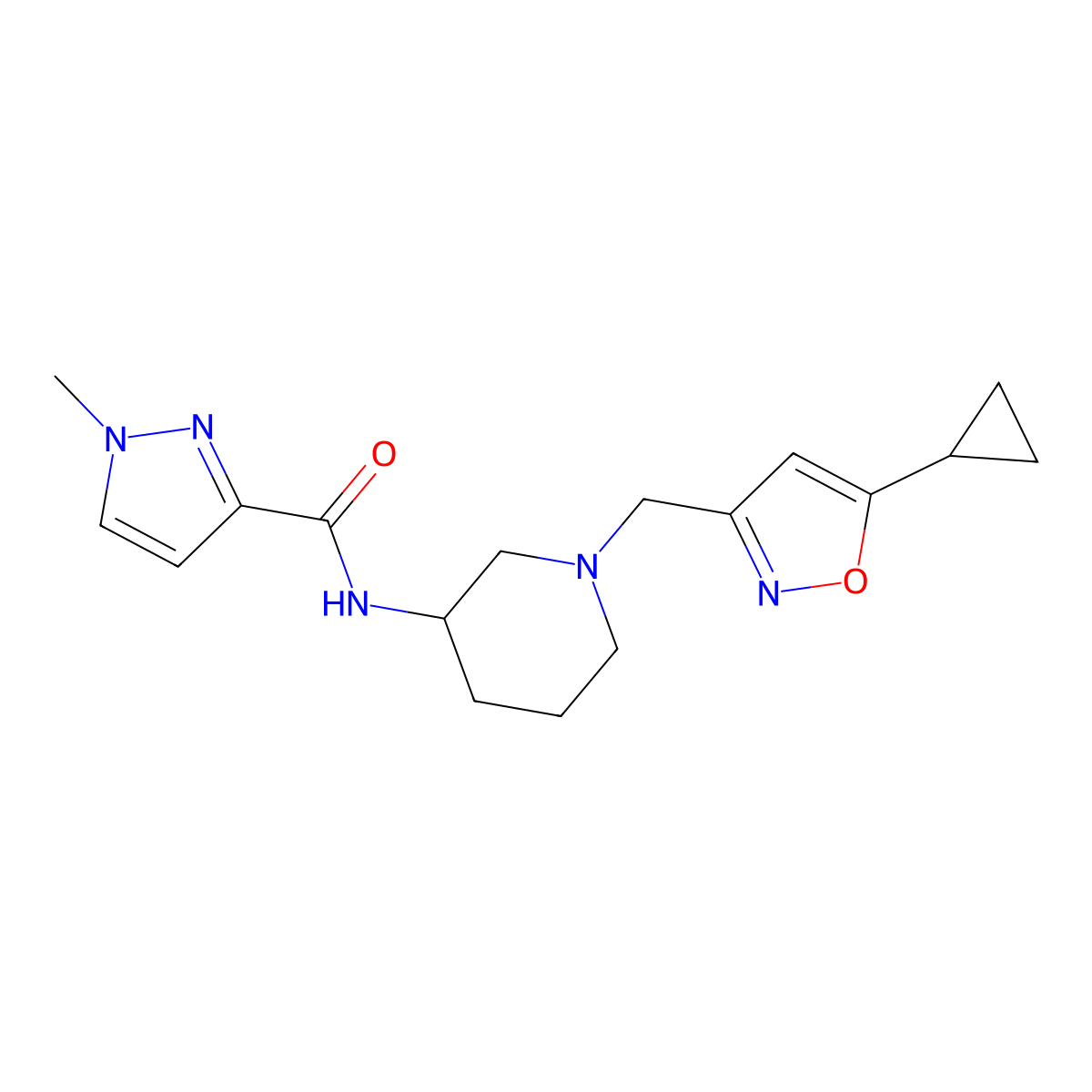 N-{1-[(5-cyclopropyl-1,2-oxazol-3-yl)methyl]piperidin-3-yl}-1-methyl-1H-pyrazole-3-carboxamide molecular structure, CAS 3054429-15-8