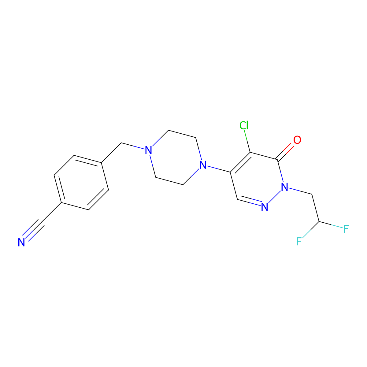4-({4-[5-Chloro-1-(2,2-difluoroethyl)-6-oxo-1,6-dihydropyridazin-4-yl]piperazin-1-yl}methyl)benzonitrile molecular structure, CAS 3054429-20-5