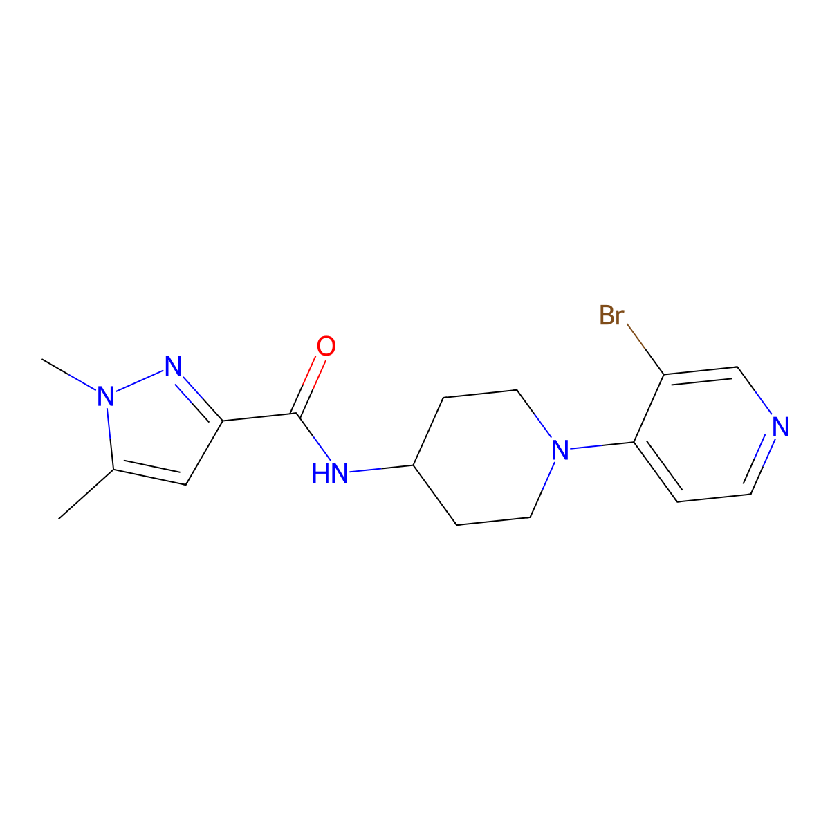 N-[1-(3-bromopyridin-4-yl)piperidin-4-yl]-1,5-dimethyl-1H-pyrazole-3-carboxamide molecular structure, CAS 3054429-24-9