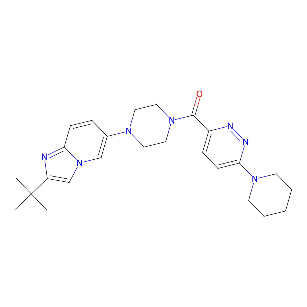3-(4-{2-Tert-butylimidazo[1,2-a]pyridin-6-yl}piperazine-1-carbonyl)-6-(piperidin-1-yl)pyridazine molecular structure, CAS 3054436-25-5