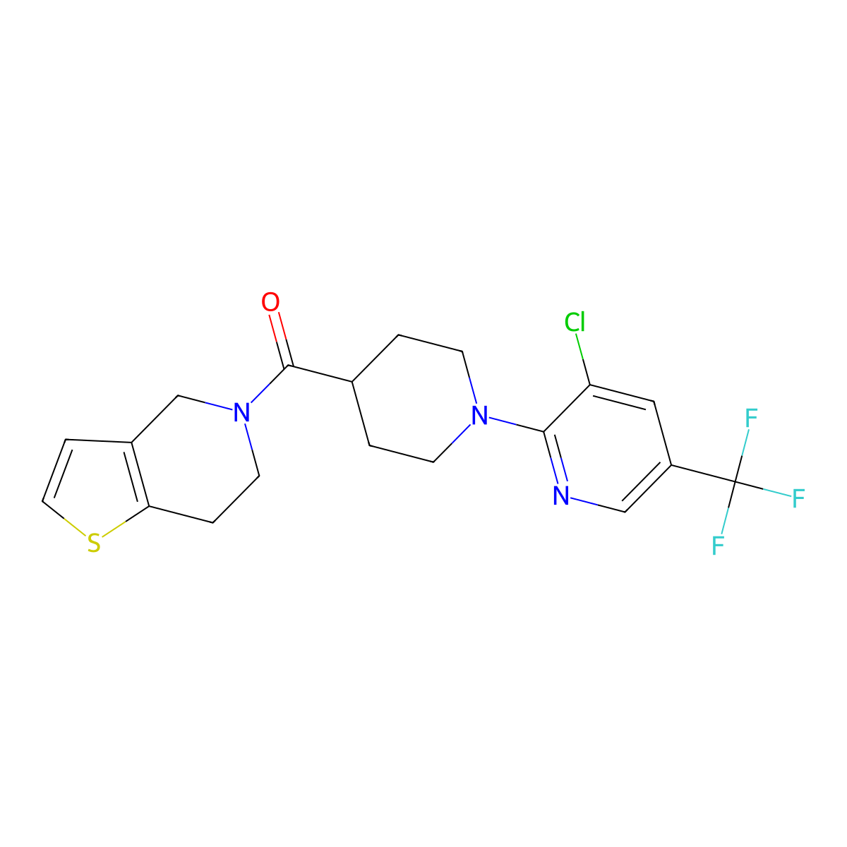 3-chloro-2-(4-{4H,5H,6H,7H-thieno[3,2-c]pyridine-5-carbonyl}piperidin-1-yl)-5-(trifluoromethyl)pyridine molecular structure, CAS 3054436-30-2