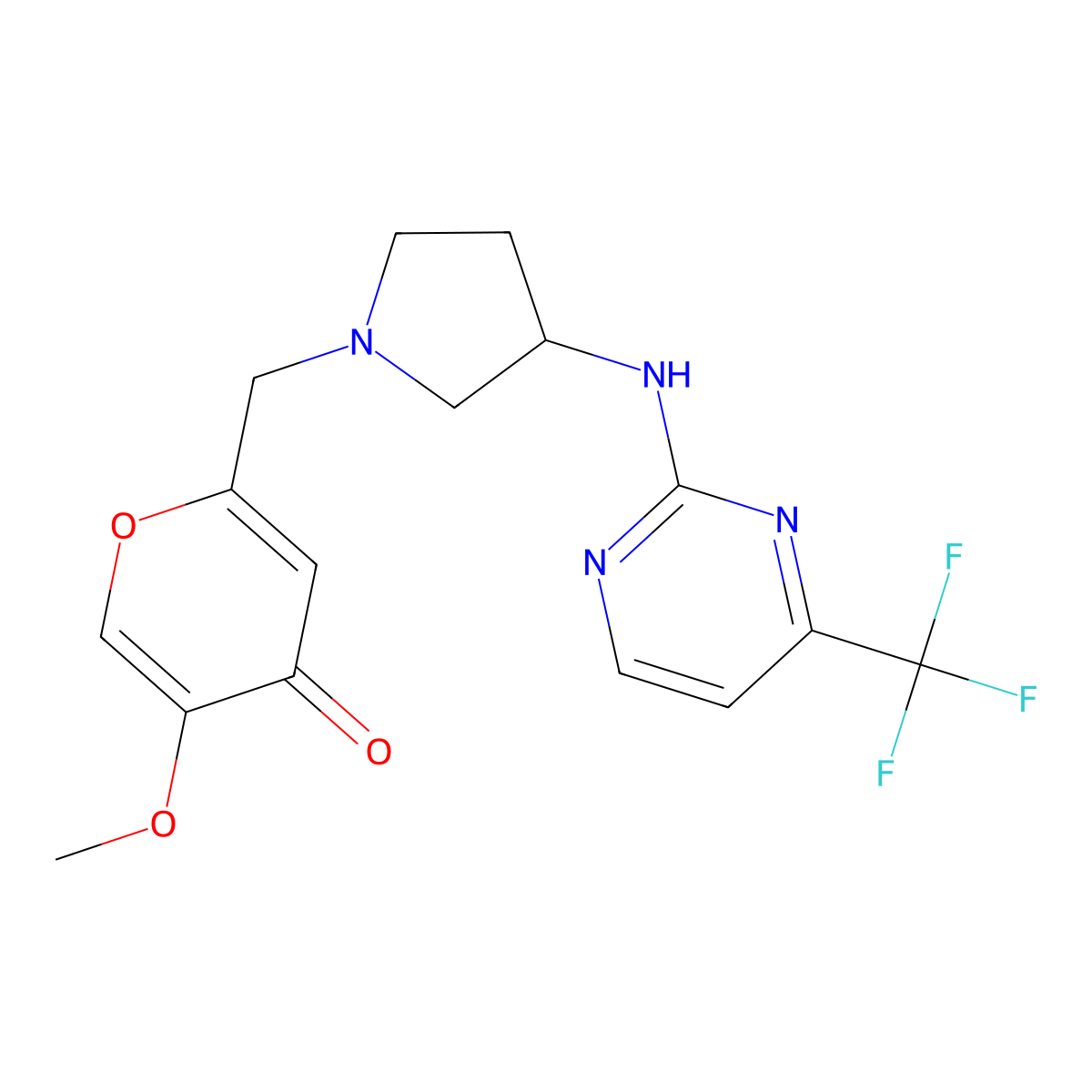5-methoxy-2-[(3-{[4-(trifluoromethyl)pyrimidin-2-yl]amino}pyrrolidin-1-yl)methyl]-4H-pyran-4-one molecular structure, CAS 3054436-34-6