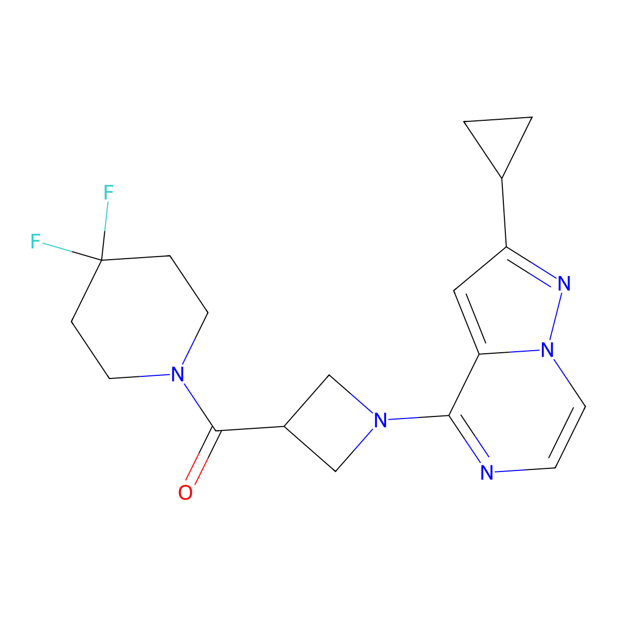 1-(1-{2-Cyclopropylpyrazolo[1,5-a]pyrazin-4-yl}azetidine-3-carbonyl)-4,4-difluoropiperidine molecular structure, CAS 3054436-38-0