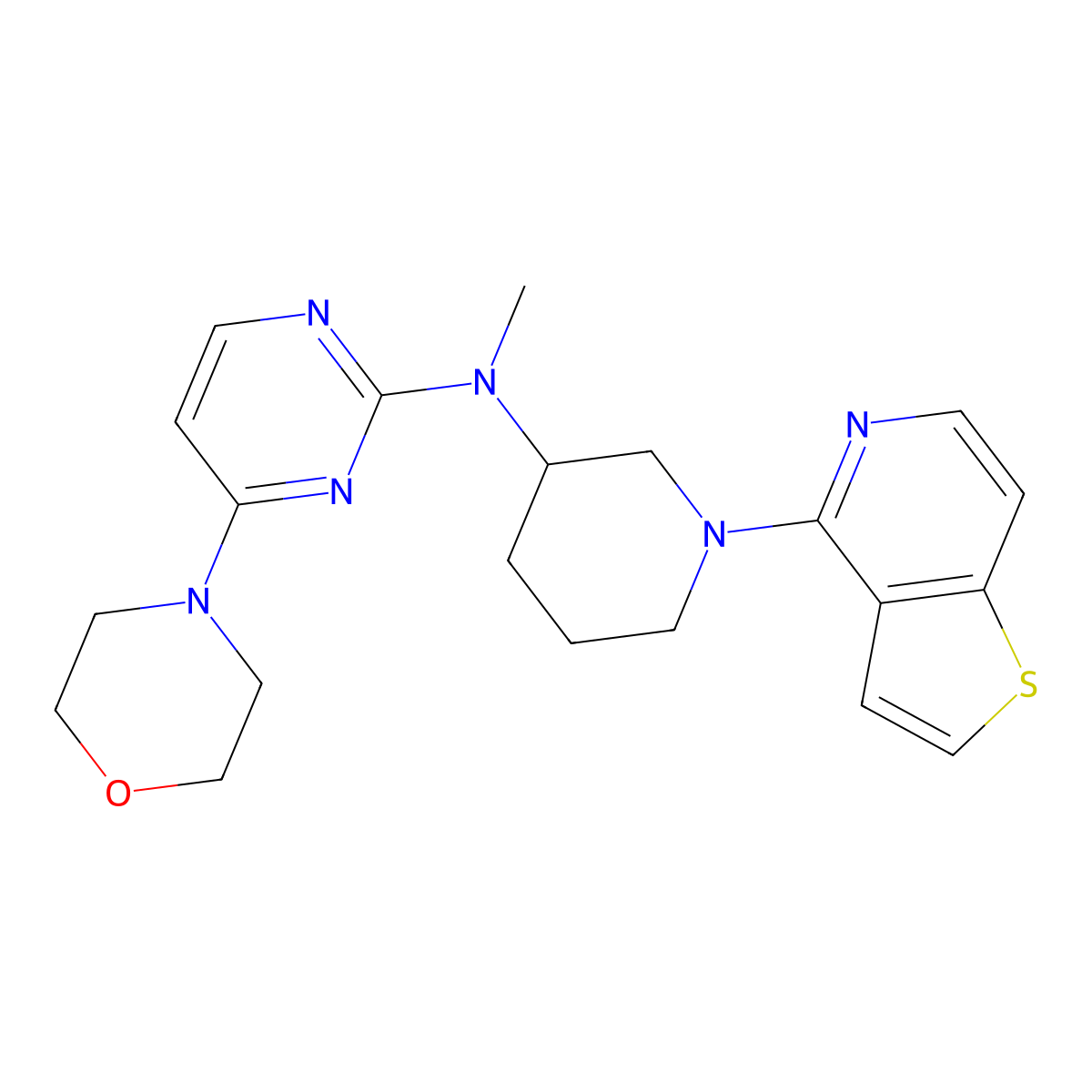 N-methyl-4-(morpholin-4-yl)-N-(1-{thieno[3,2-c]pyridin-4-yl}piperidin-3-yl)pyrimidin-2-amine molecular structure, CAS 3054436-41-5