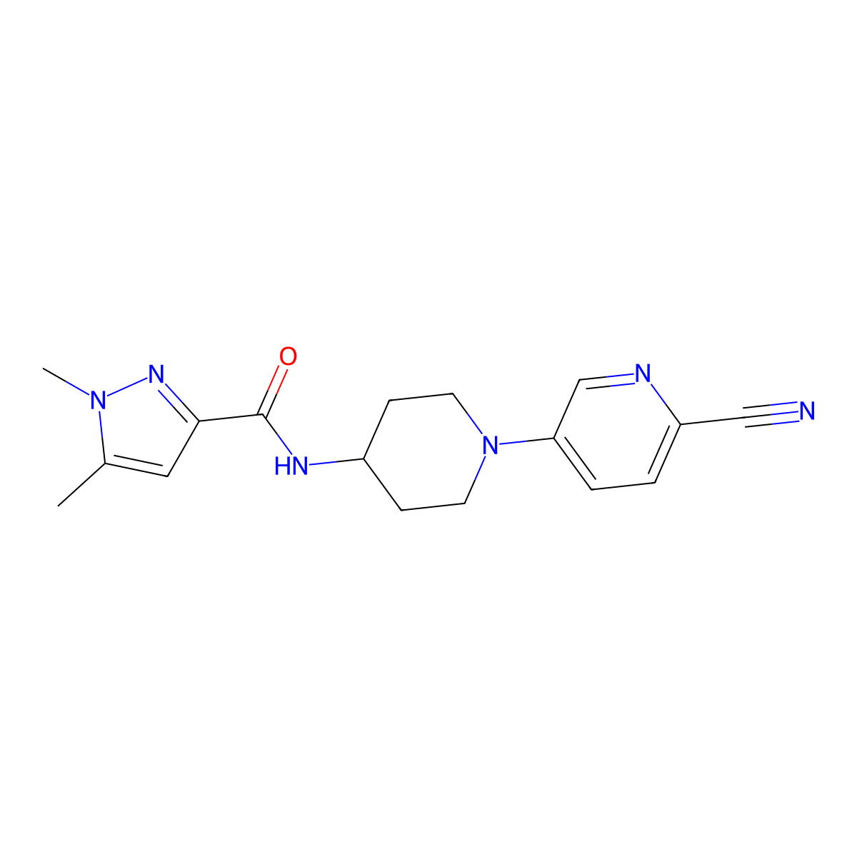 N-[1-(6-cyanopyridin-3-yl)piperidin-4-yl]-1,5-dimethyl-1H-pyrazole-3-carboxamide molecular structure, CAS 3054436-46-0