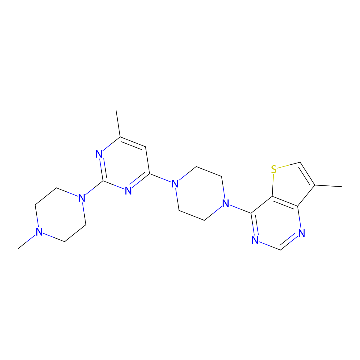 4-Methyl-2-(4-methylpiperazin-1-yl)-6-(4-{7-methylthieno[3,2-d]pyrimidin-4-yl}piperazin-1-yl)pyrimidine molecular structure, CAS 3054436-48-2