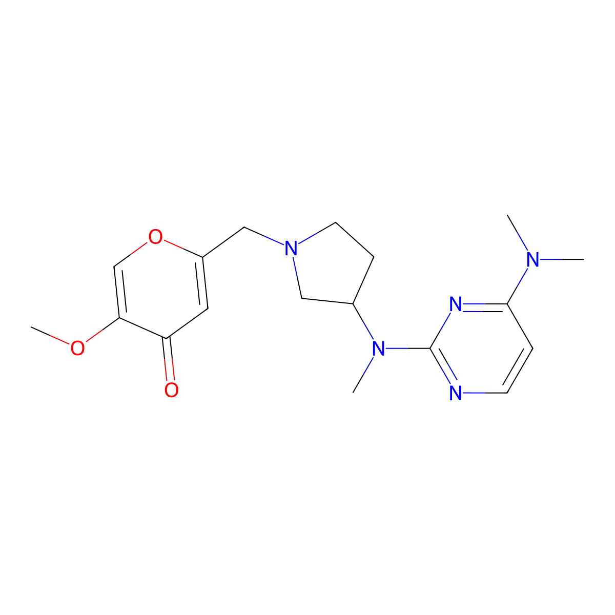 2-[(3-{[4-(dimethylamino)pyrimidin-2-yl](methyl)amino}pyrrolidin-1-yl)methyl]-5-methoxy-4H-pyran-4-one molecular structure, CAS 3054436-54-0