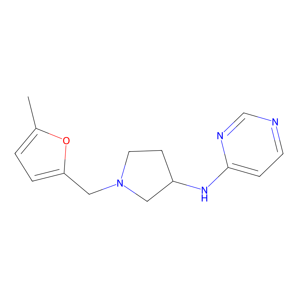 N-{1-[(5-methylfuran-2-yl)methyl]pyrrolidin-3-yl}pyrimidin-4-amine molecular structure, CAS 3054436-62-0