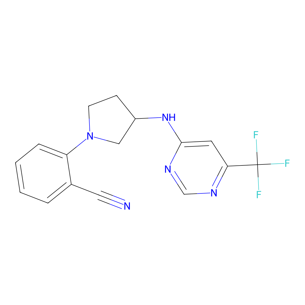 2-(3-{[6-(Trifluoromethyl)pyrimidin-4-yl]amino}pyrrolidin-1-yl)benzonitrile molecular structure, CAS 3054436-64-2