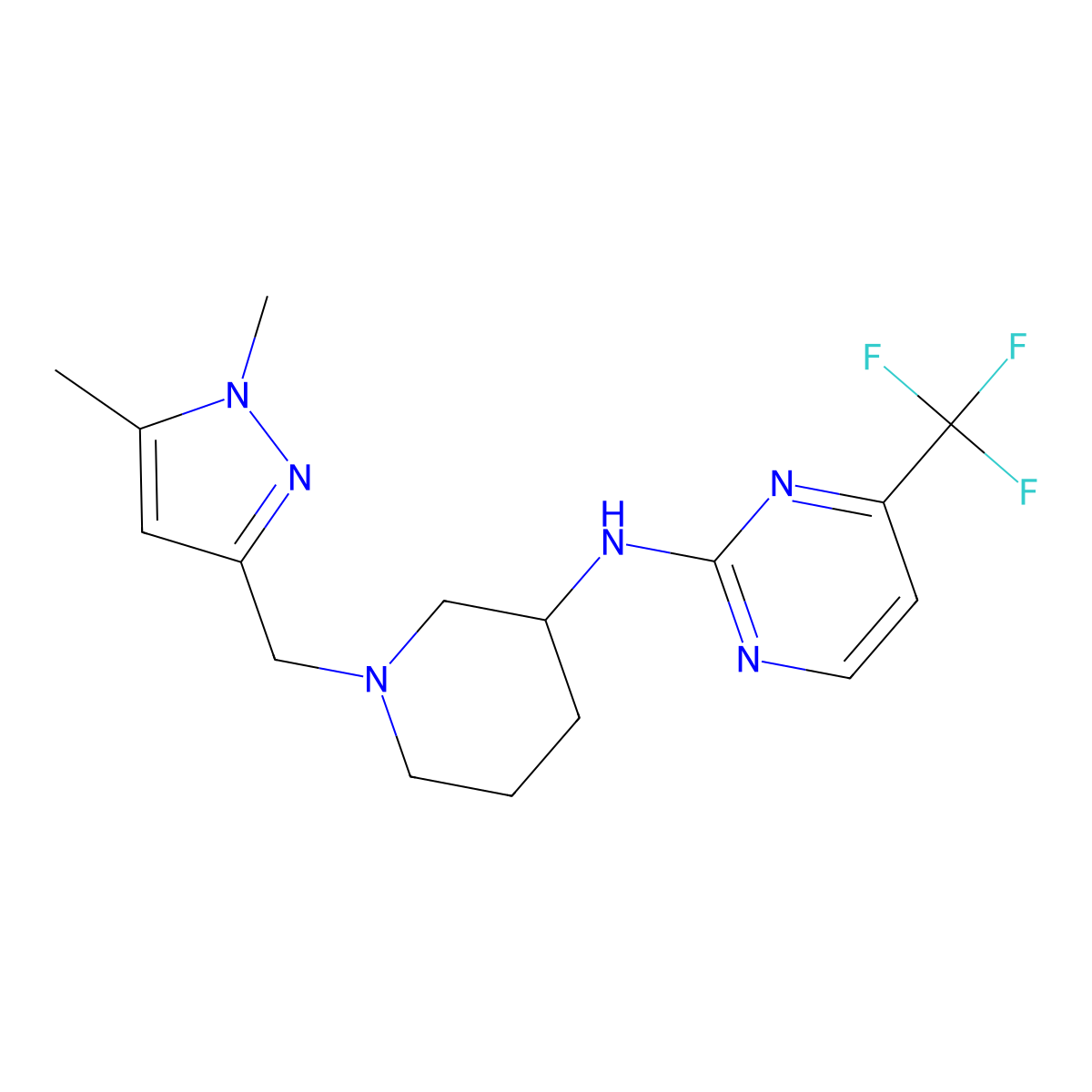 N-{1-[(1,5-dimethyl-1H-pyrazol-3-yl)methyl]piperidin-3-yl}-4-(trifluoromethyl)pyrimidin-2-amine molecular structure, CAS 3054436-74-4
