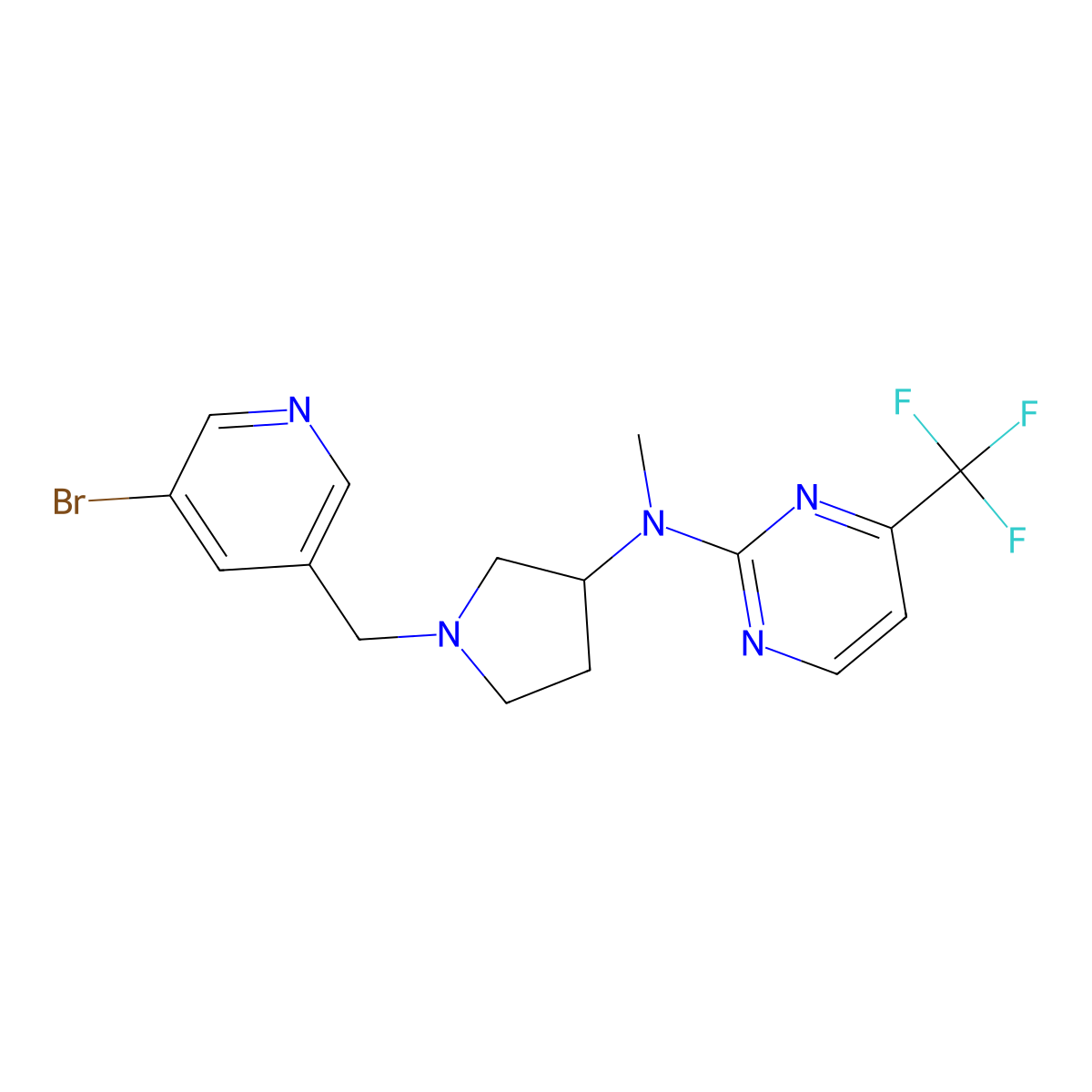 N-{1-[(5-bromopyridin-3-yl)methyl]pyrrolidin-3-yl}-N-methyl-4-(trifluoromethyl)pyrimidin-2-amine molecular structure, CAS 3054436-76-6