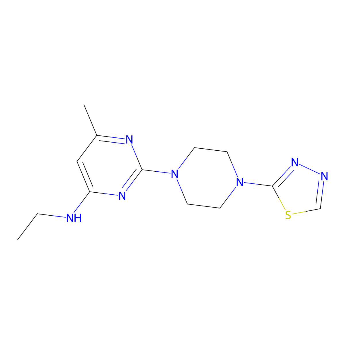 N-ethyl-6-methyl-2-[4-(1,3,4-thiadiazol-2-yl)piperazin-1-yl]pyrimidin-4-amine molecular structure, CAS 3054436-79-9