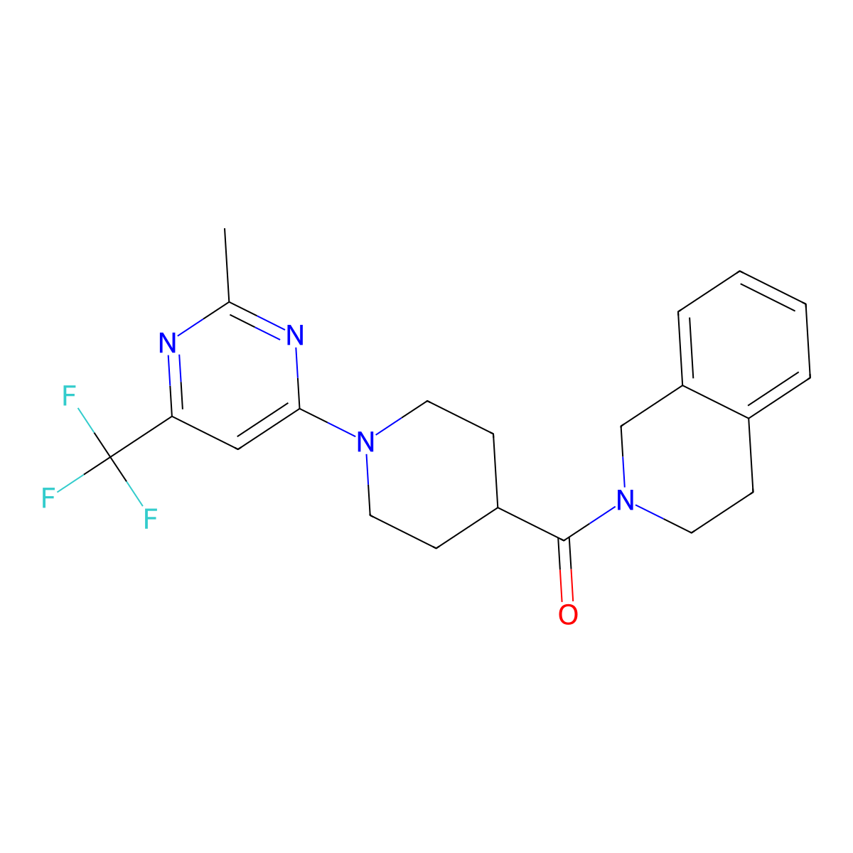 2-{1-[2-Methyl-6-(trifluoromethyl)pyrimidin-4-yl]piperidine-4-carbonyl}-1,2,3,4-tetrahydroisoquinoline molecular structure, CAS 3054436-82-4