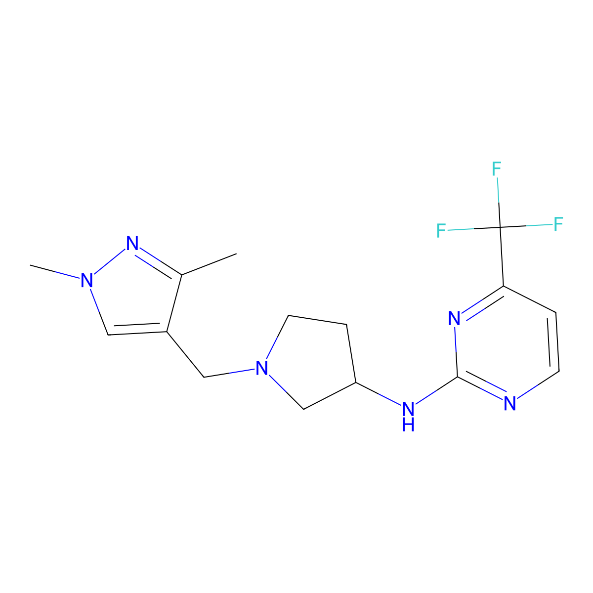 N-{1-[(1,3-dimethyl-1H-pyrazol-4-yl)methyl]pyrrolidin-3-yl}-4-(trifluoromethyl)pyrimidin-2-amine molecular structure, CAS 3054436-89-1